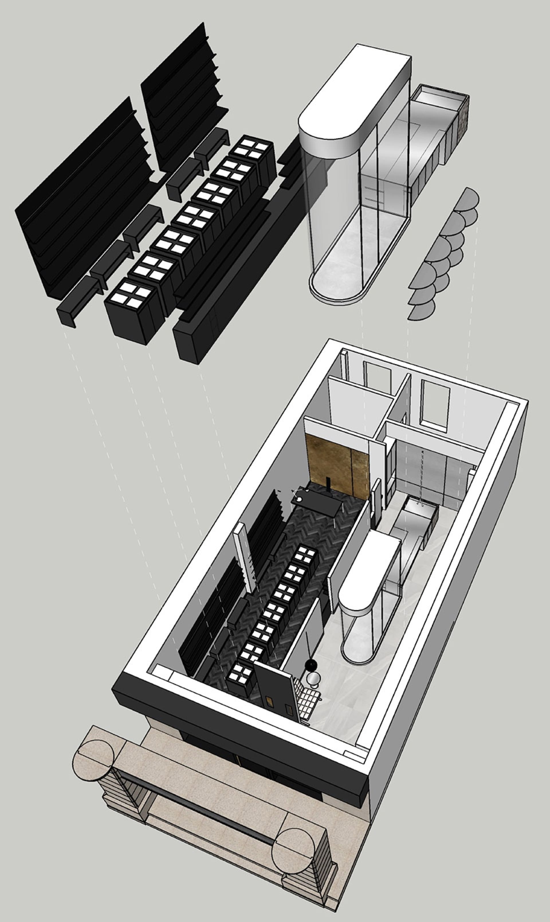 A modern retail storefront with glass walls and wooden accents.