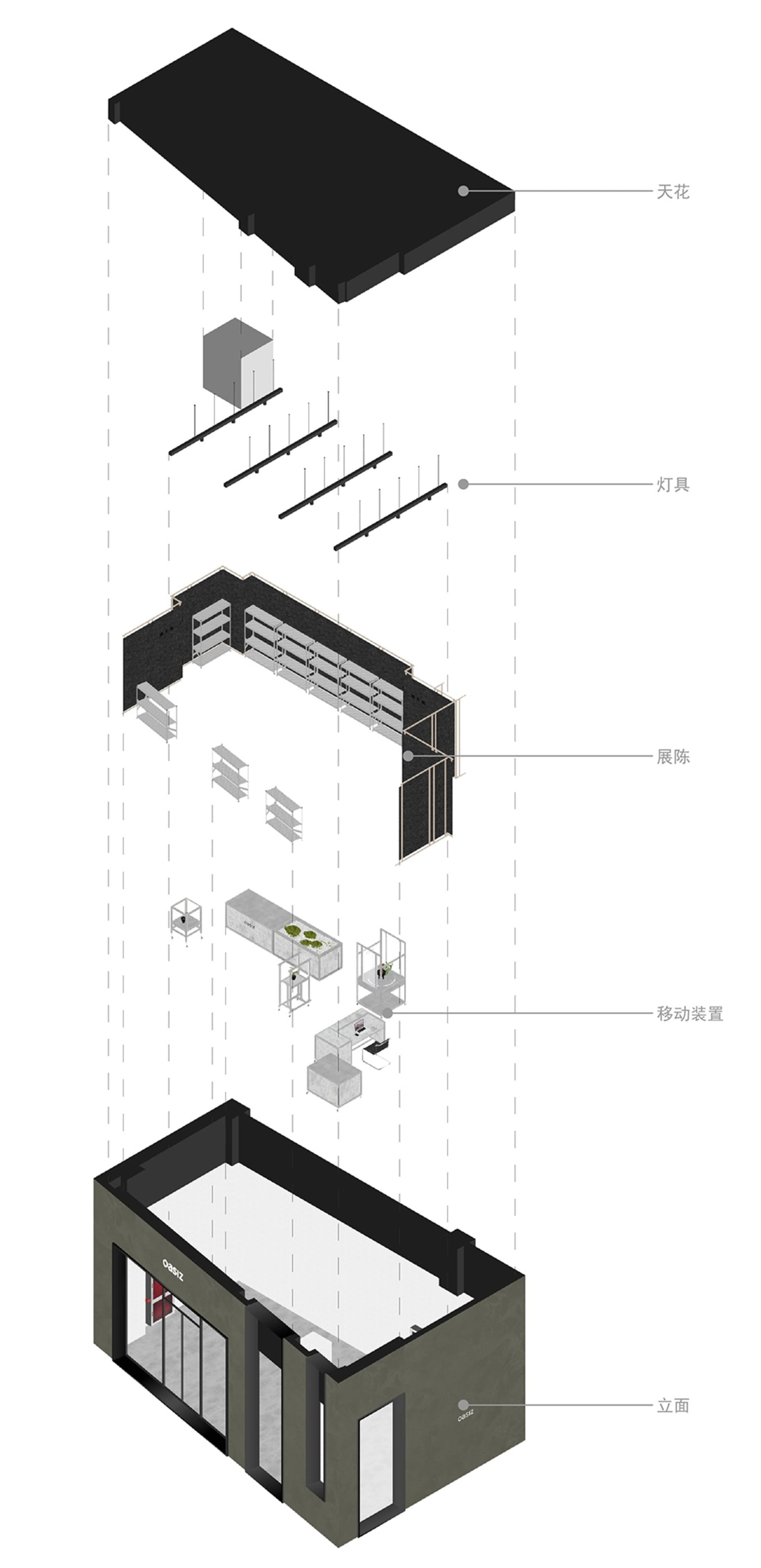 現代零售店面爆炸圖,展示混凝土與玻璃材質。
