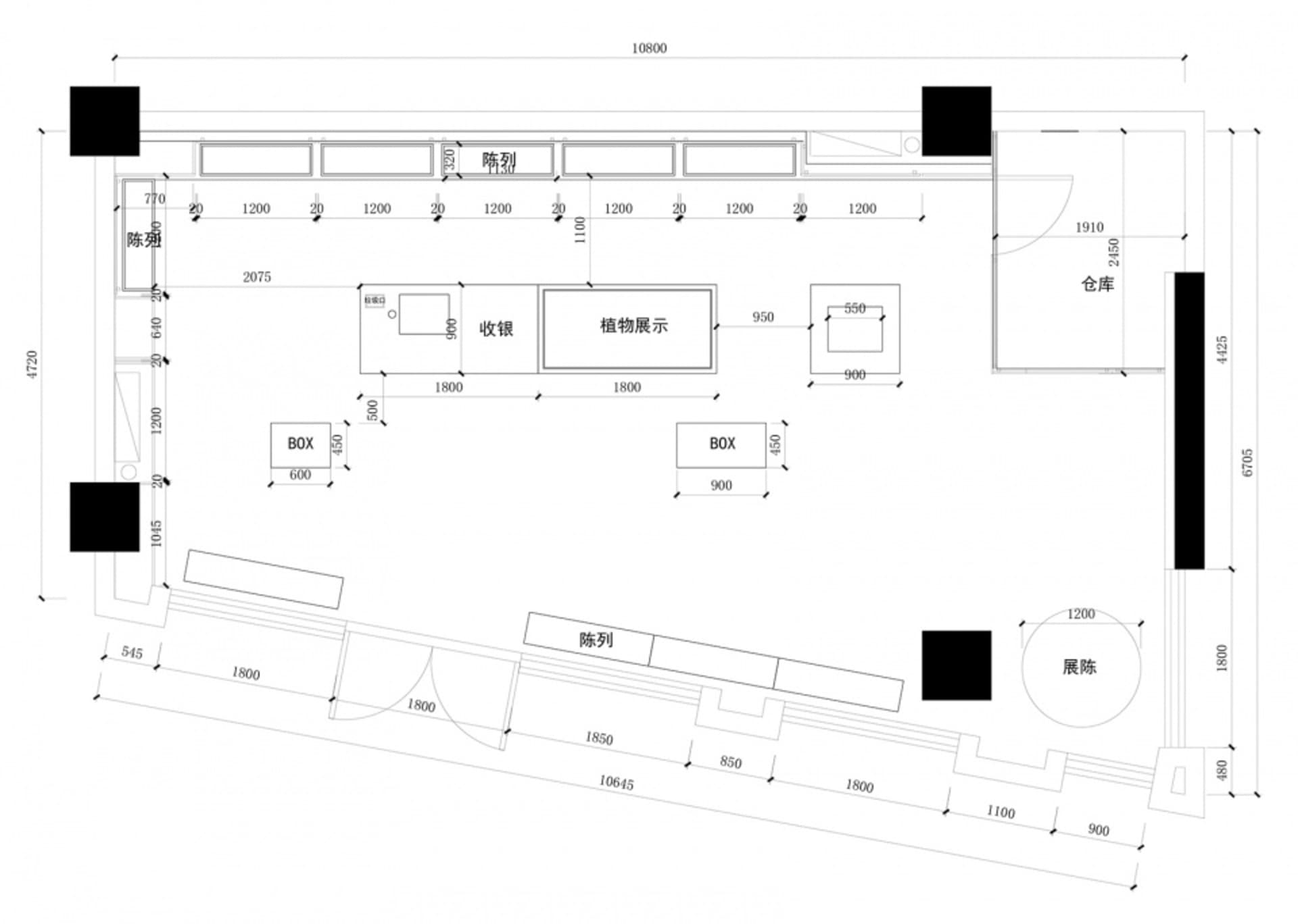 2D architectural drawing of a retail store with warehouse, display areas, and storage spaces.