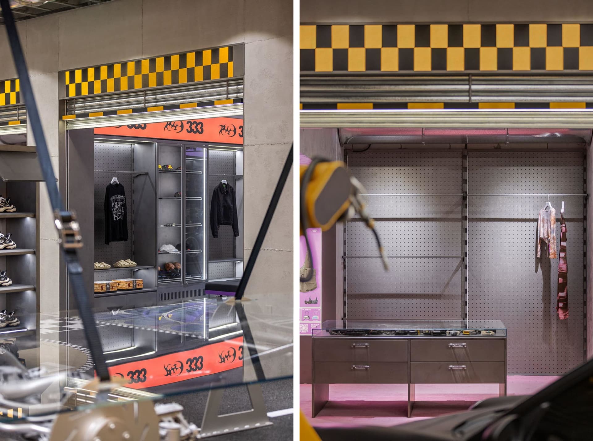 Interior view of a retail storefront with metallic shelves and checkered accents.