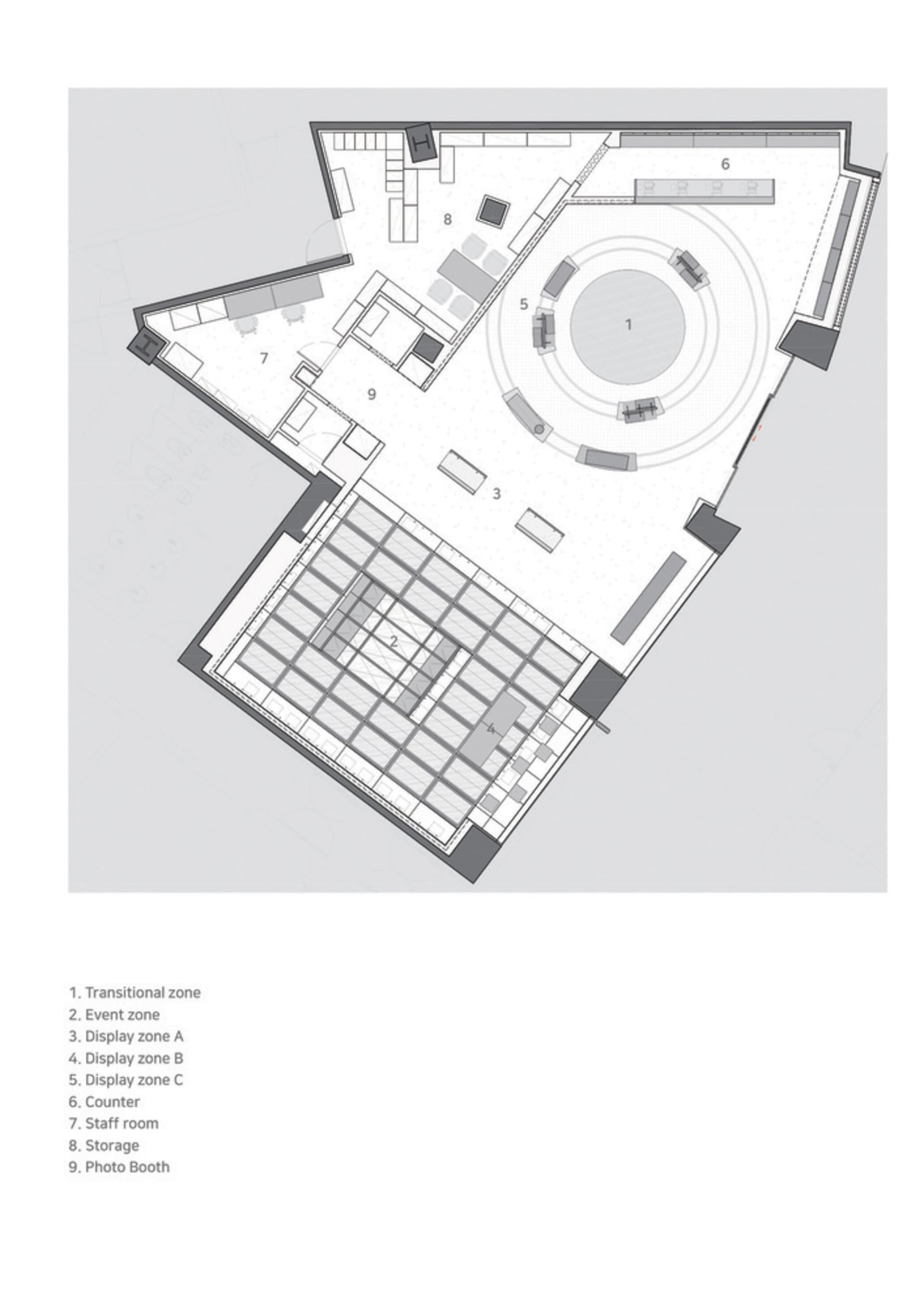 Floor plan of an event space with mixed materials and functional zones.