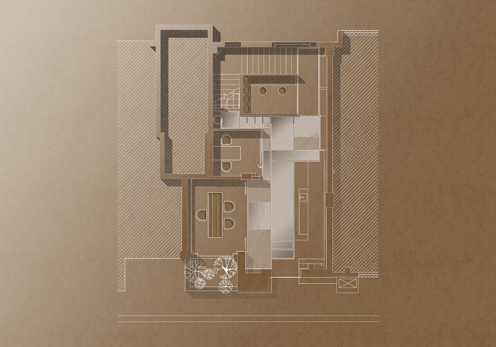 Floor plan of a modern architectural design on a paper sheet.
