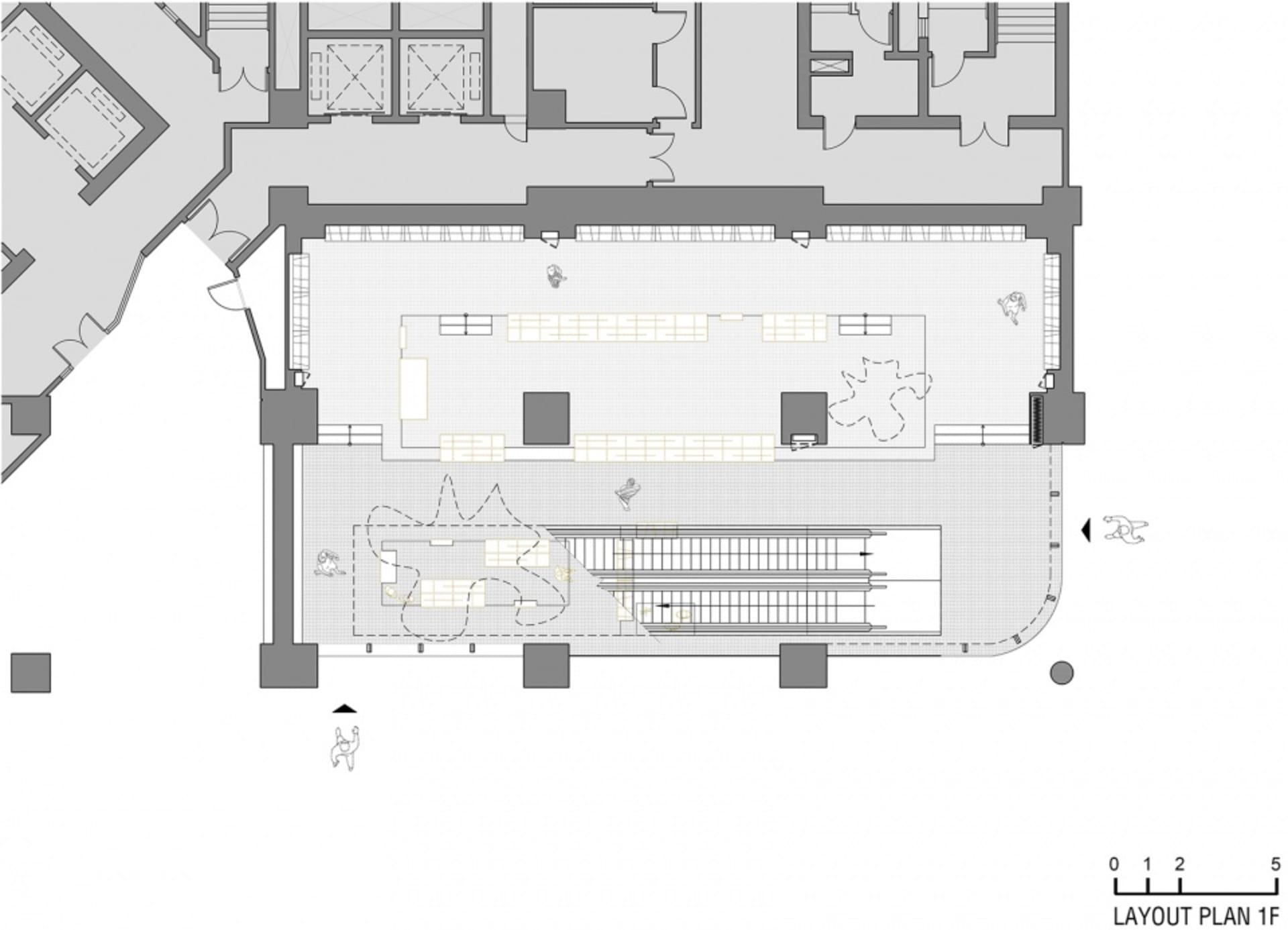 Layout Plan 1F of an office space with desks, chairs, and other office furniture.