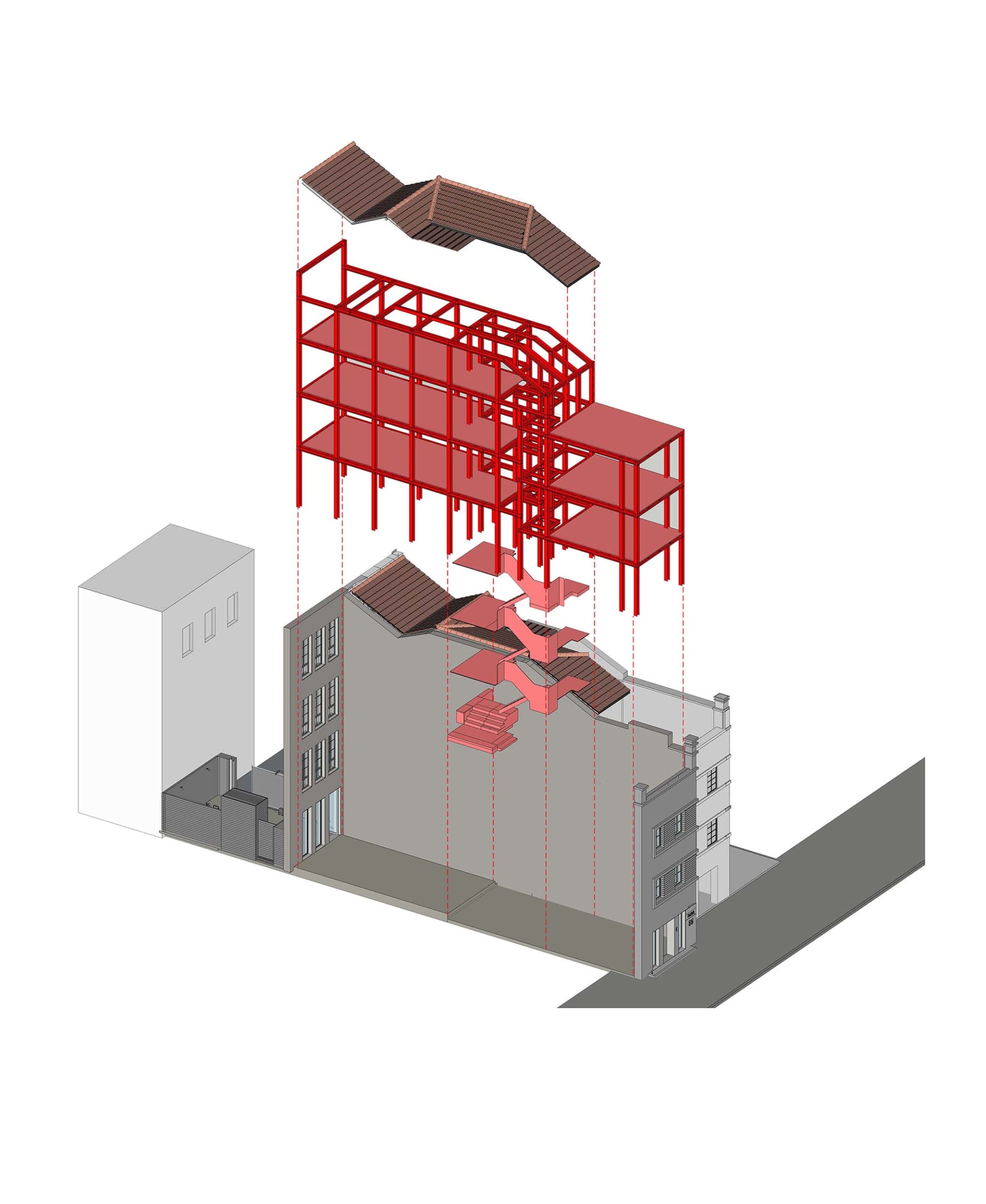 A 3D architectural rendering showcasing a building renovation with steel framing and an upper-level extension.