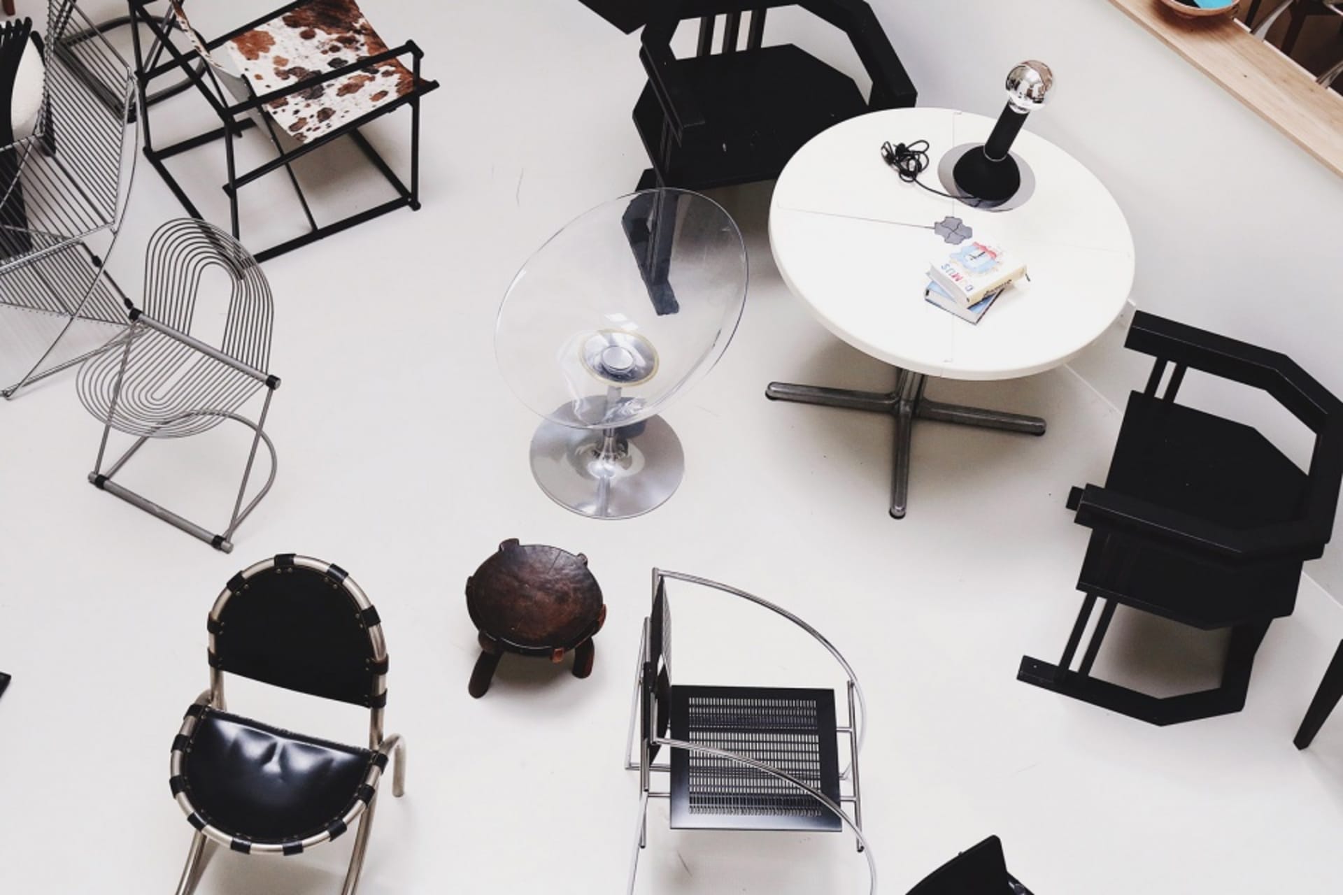 Industrial interior design featuring metal and glass materials.