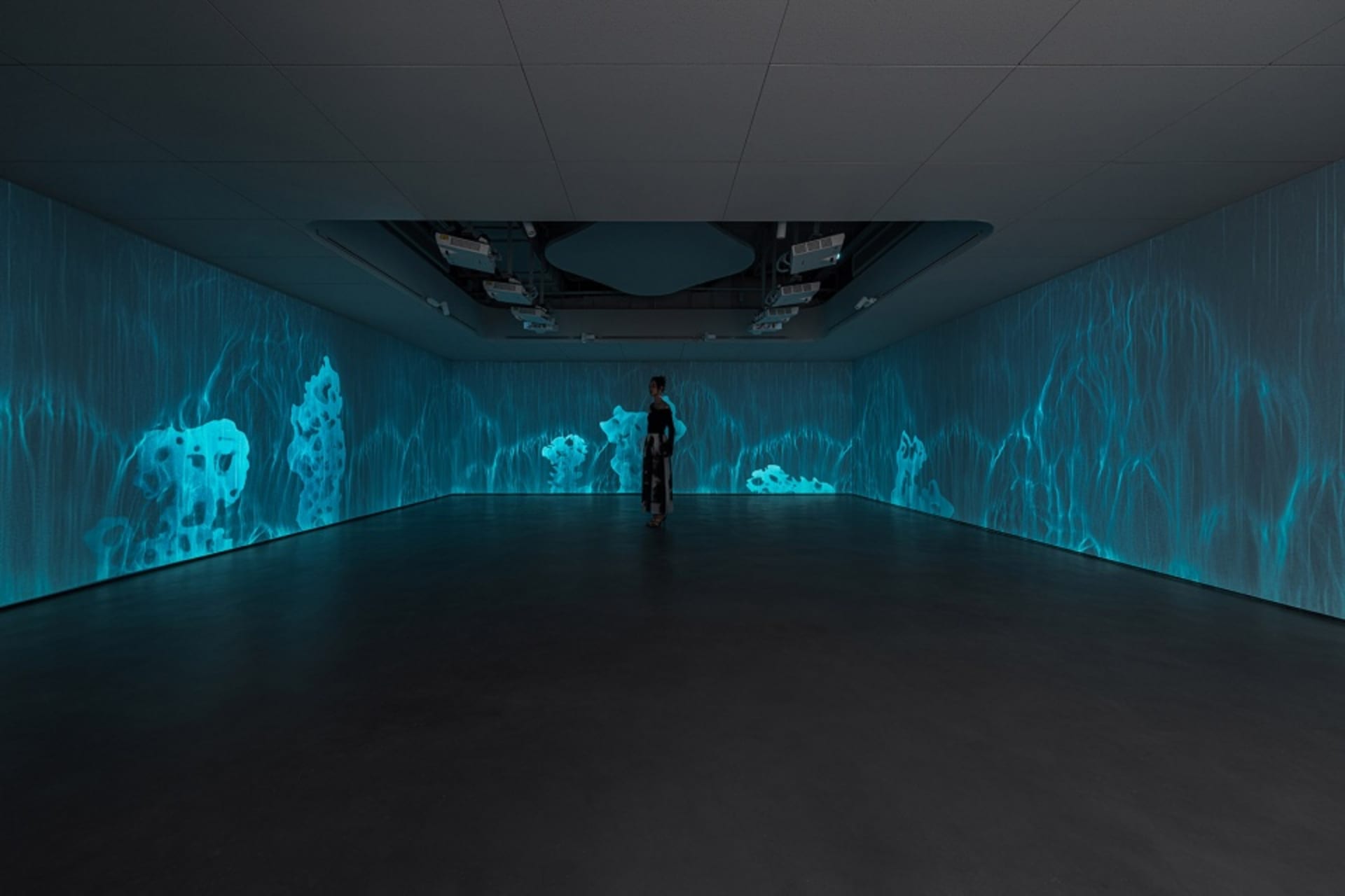 A person standing in a dark room with glowing blue digital projections on the walls creating an immersive minimalist art expe