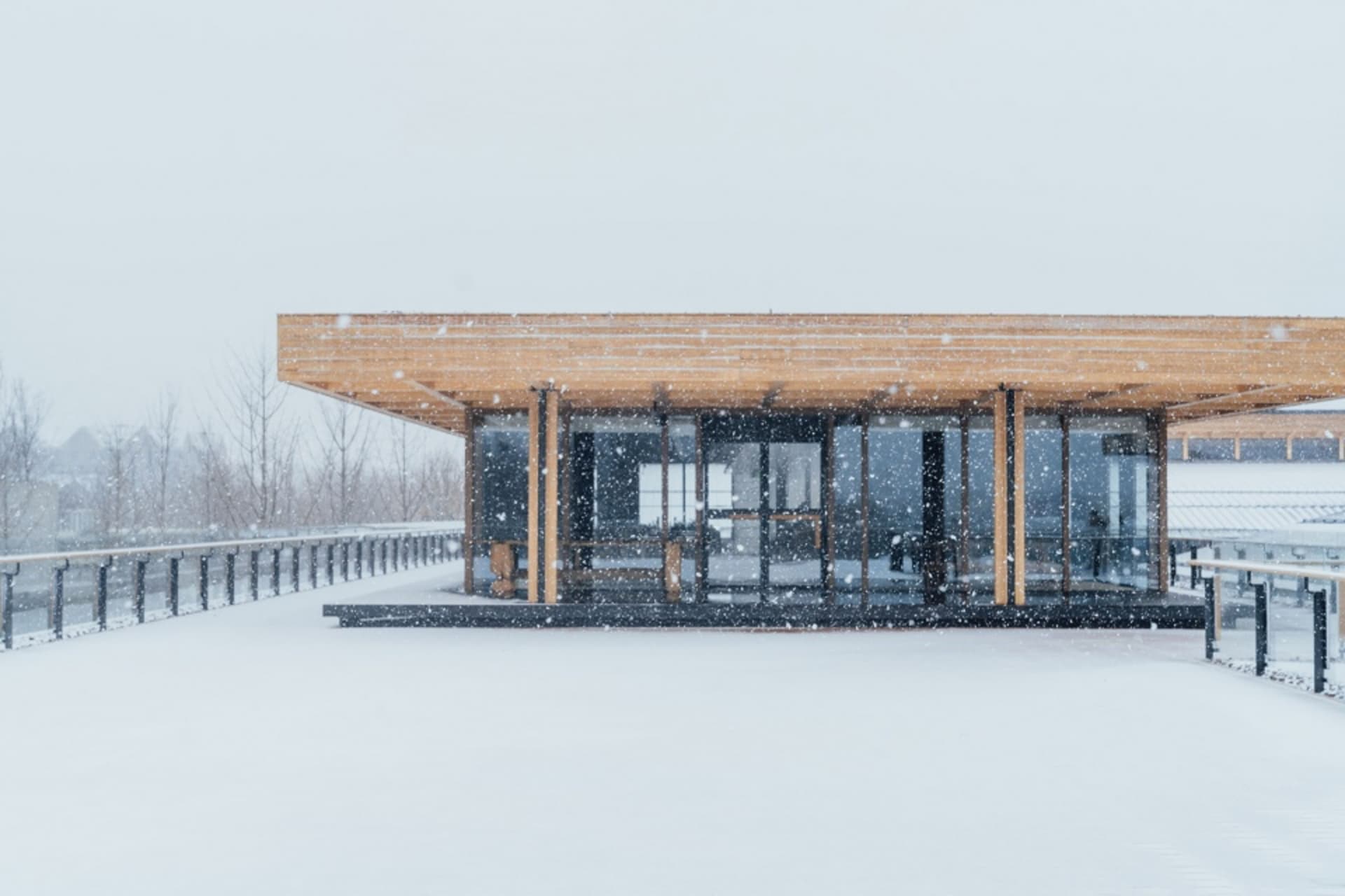 Modern architecture building exterior on a snowy day