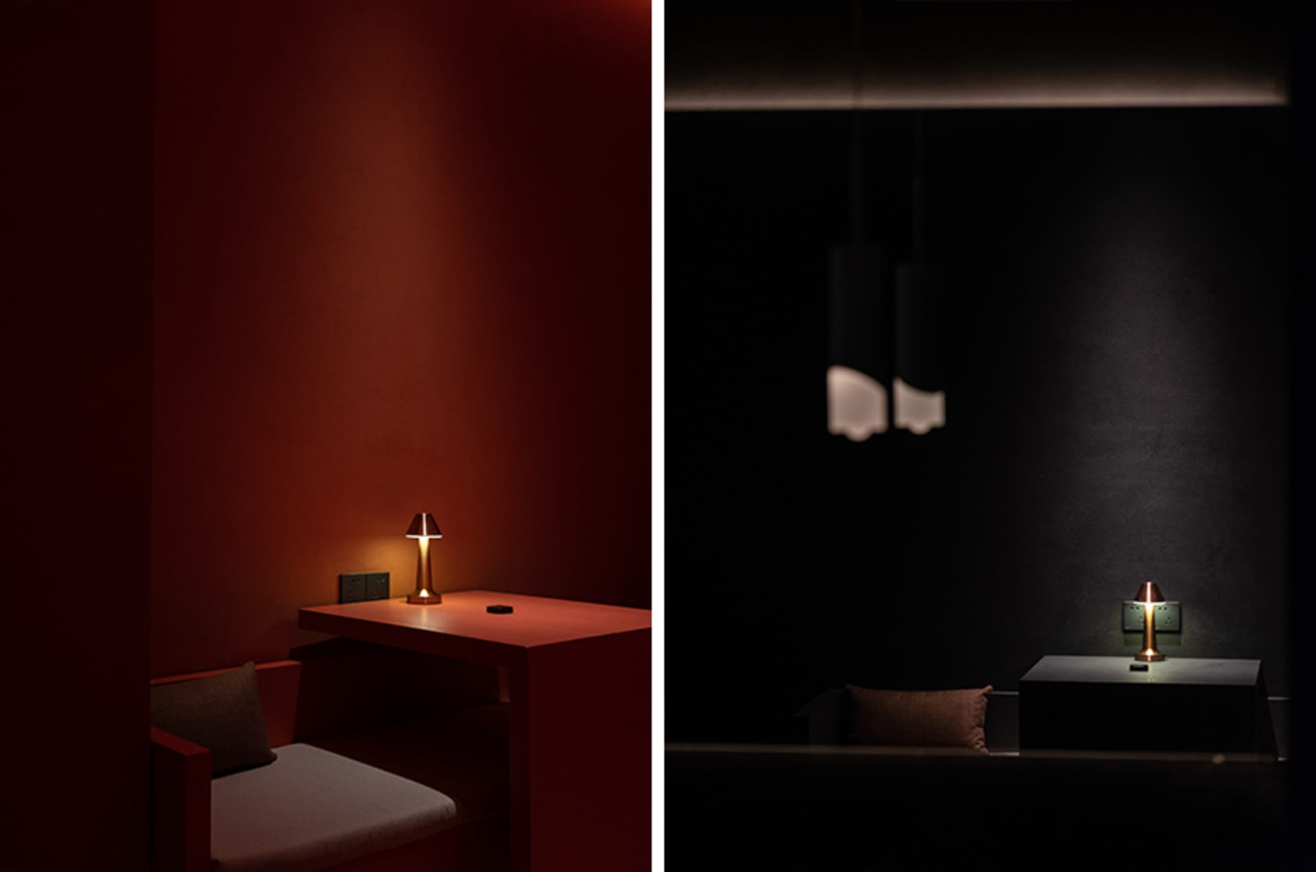 A minimalist space featuring metallic table lamps with a matte finish.