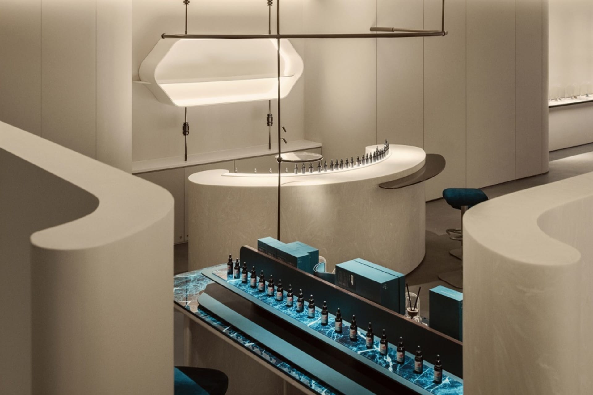 A modern retail storefront featuring marble materials and minimalist design.
