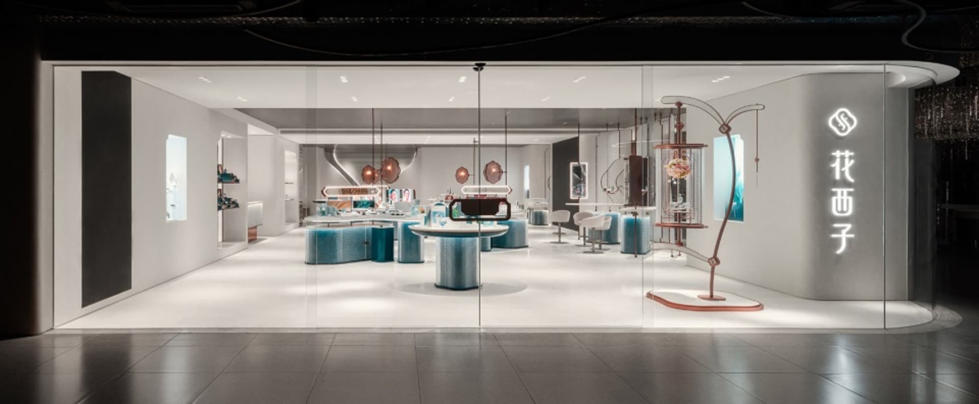 Modern retail storefront with large glass storefront and interior design elements.