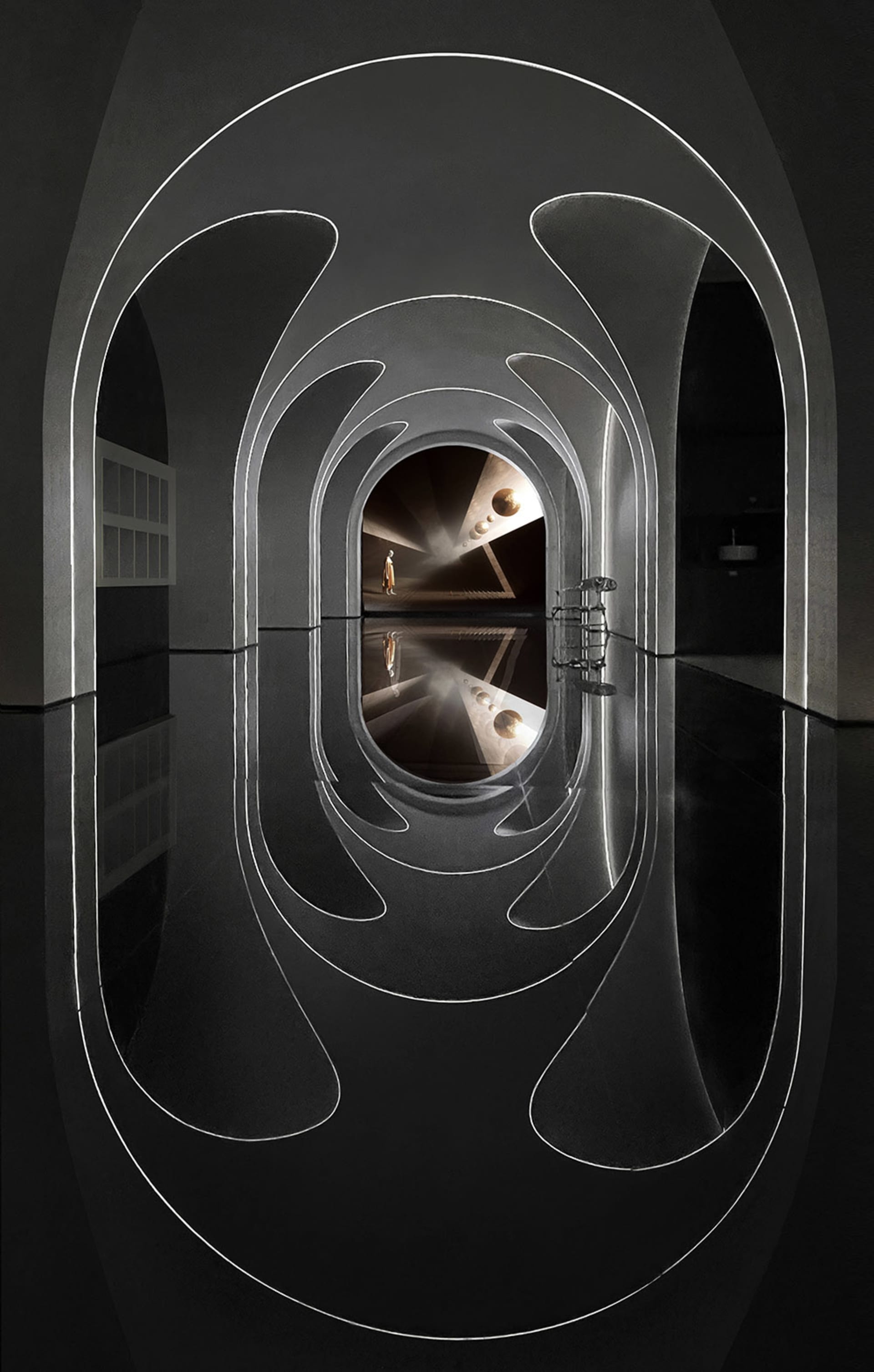 An abstract architectural interior space with concrete walls and a reflective floor.