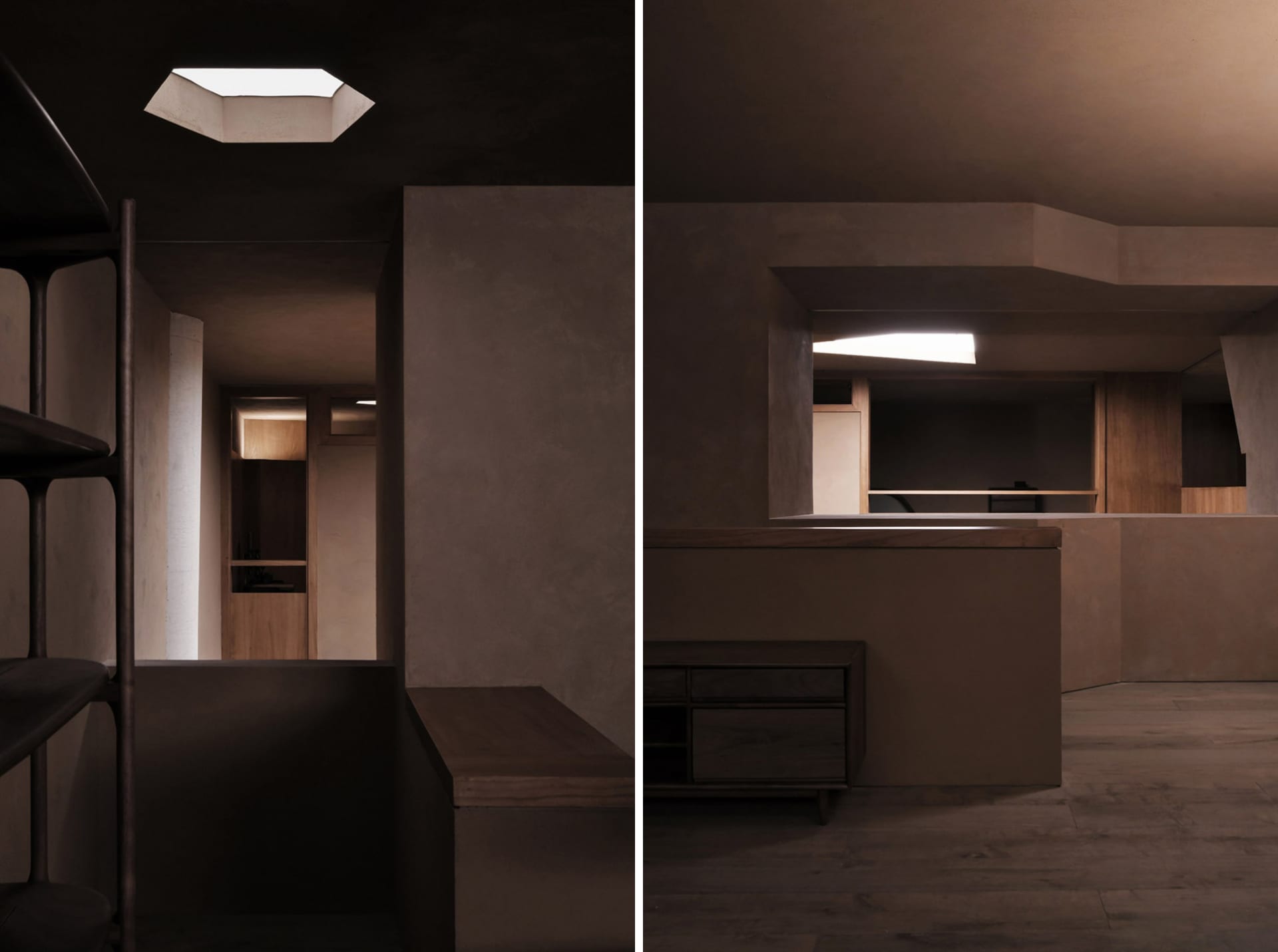 An interior space with minimalist design, featuring concrete walls and a wooden bench, illuminated by a skylight and ceiling