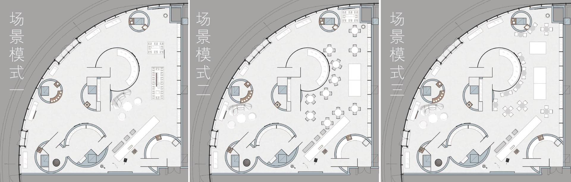 Floor plan of an office space with various functional zones and furniture arrangements.