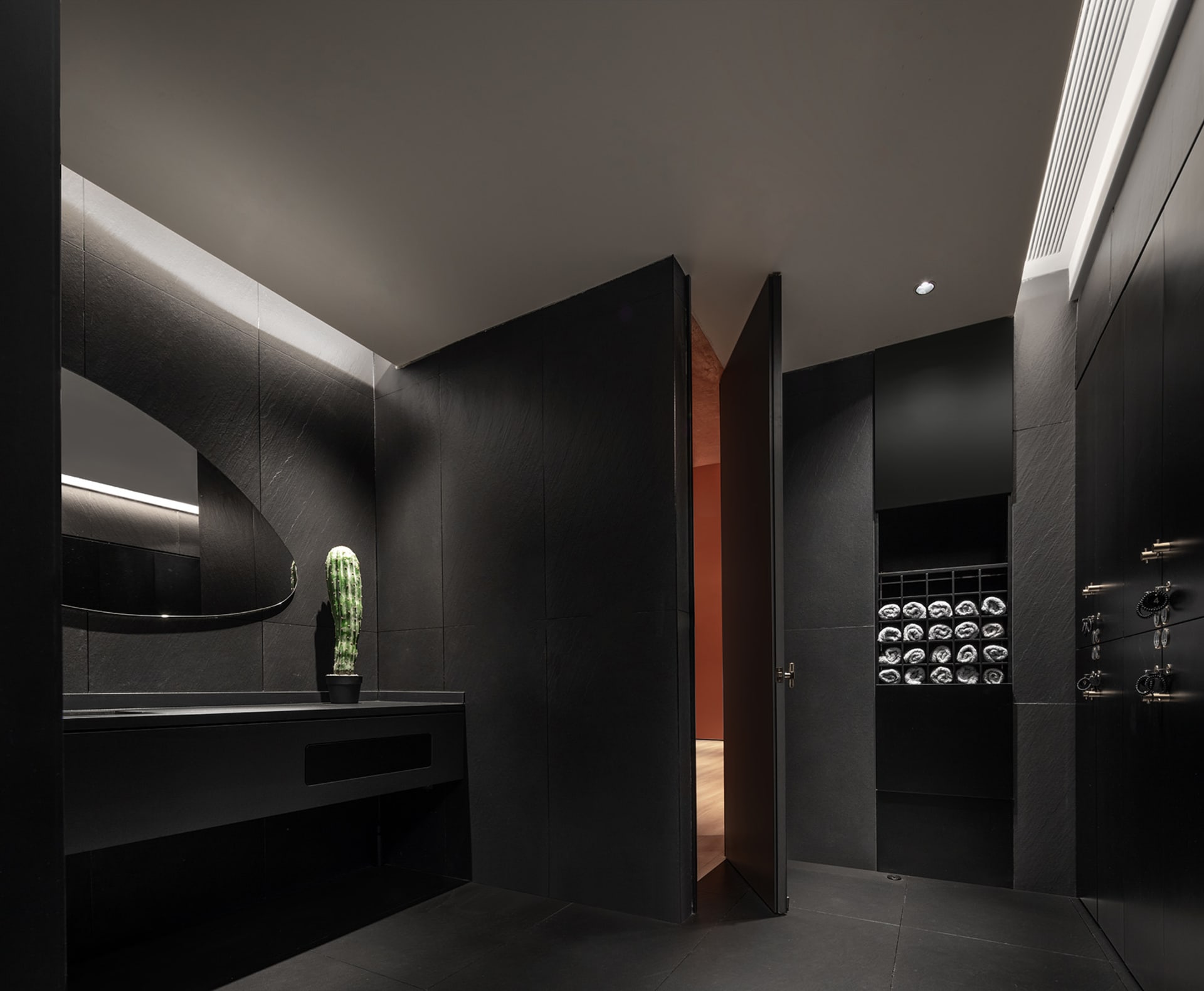 A modern bathroom with black stone walls and a cactus plant.