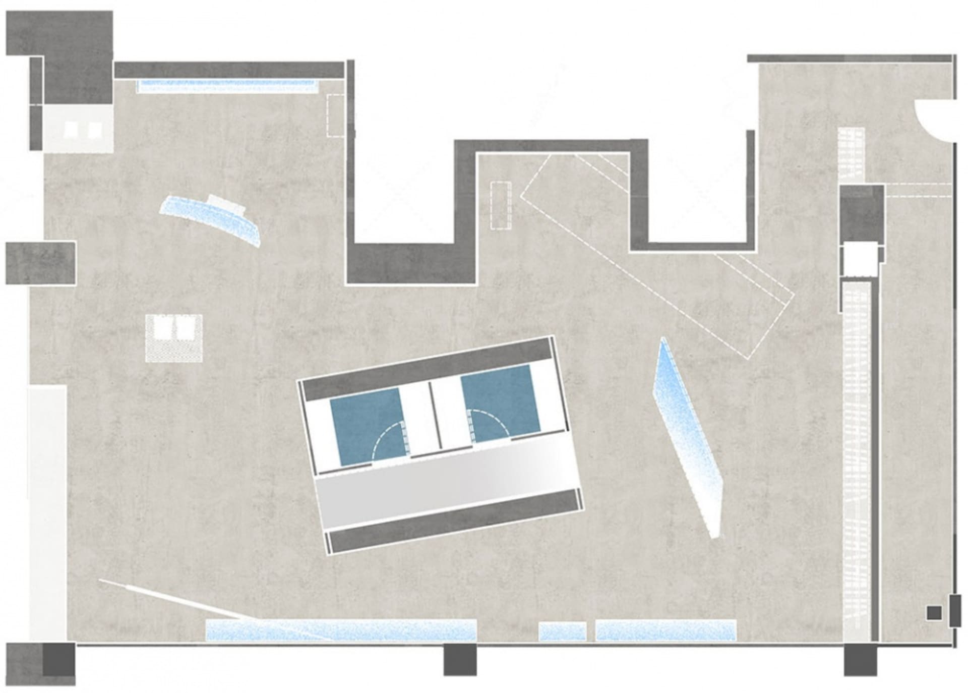 Floor plan of an office space with concrete and glass materials.