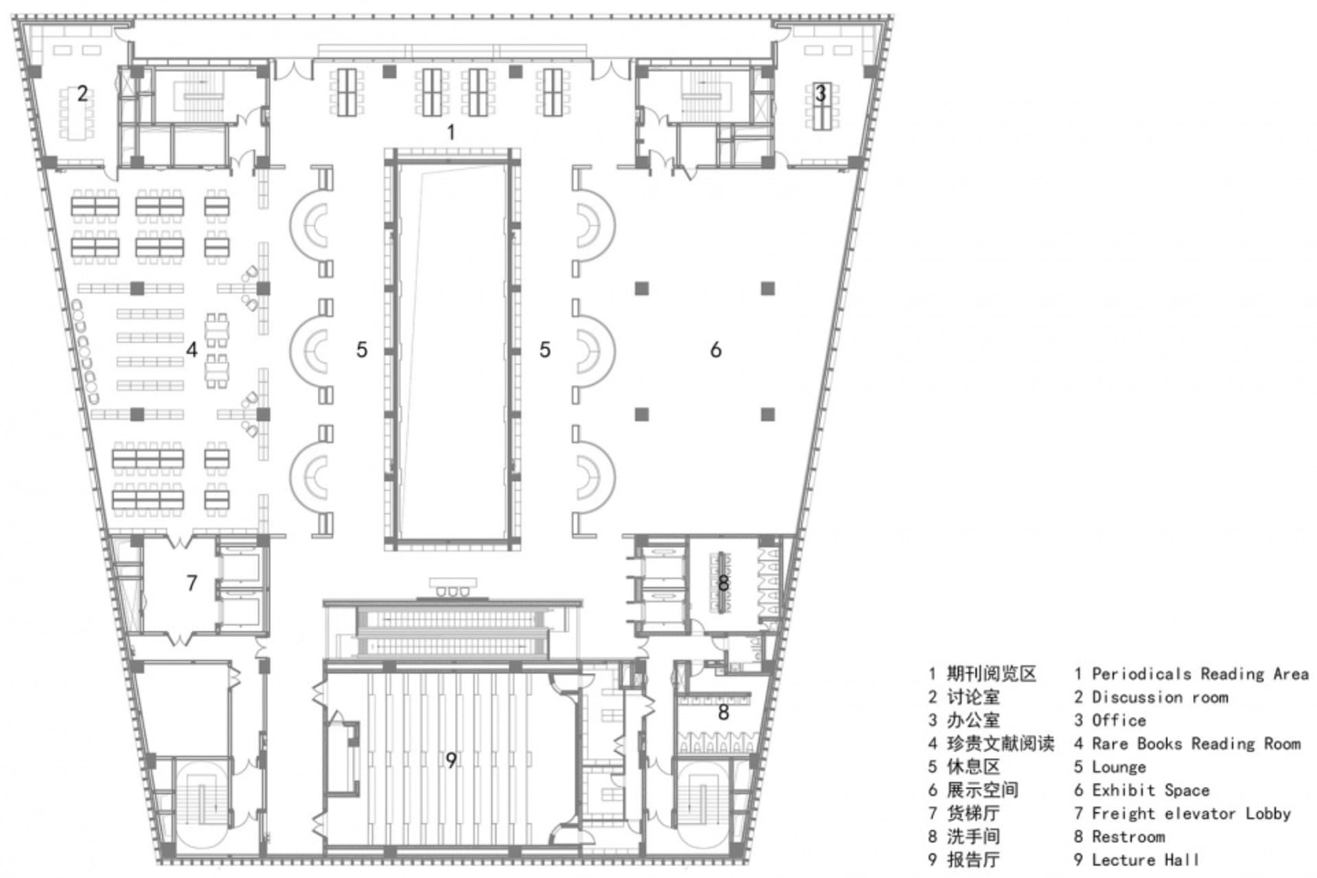 一張詳細的建築圖，展示圖書館一樓的平面配置，呈現各功能區域如