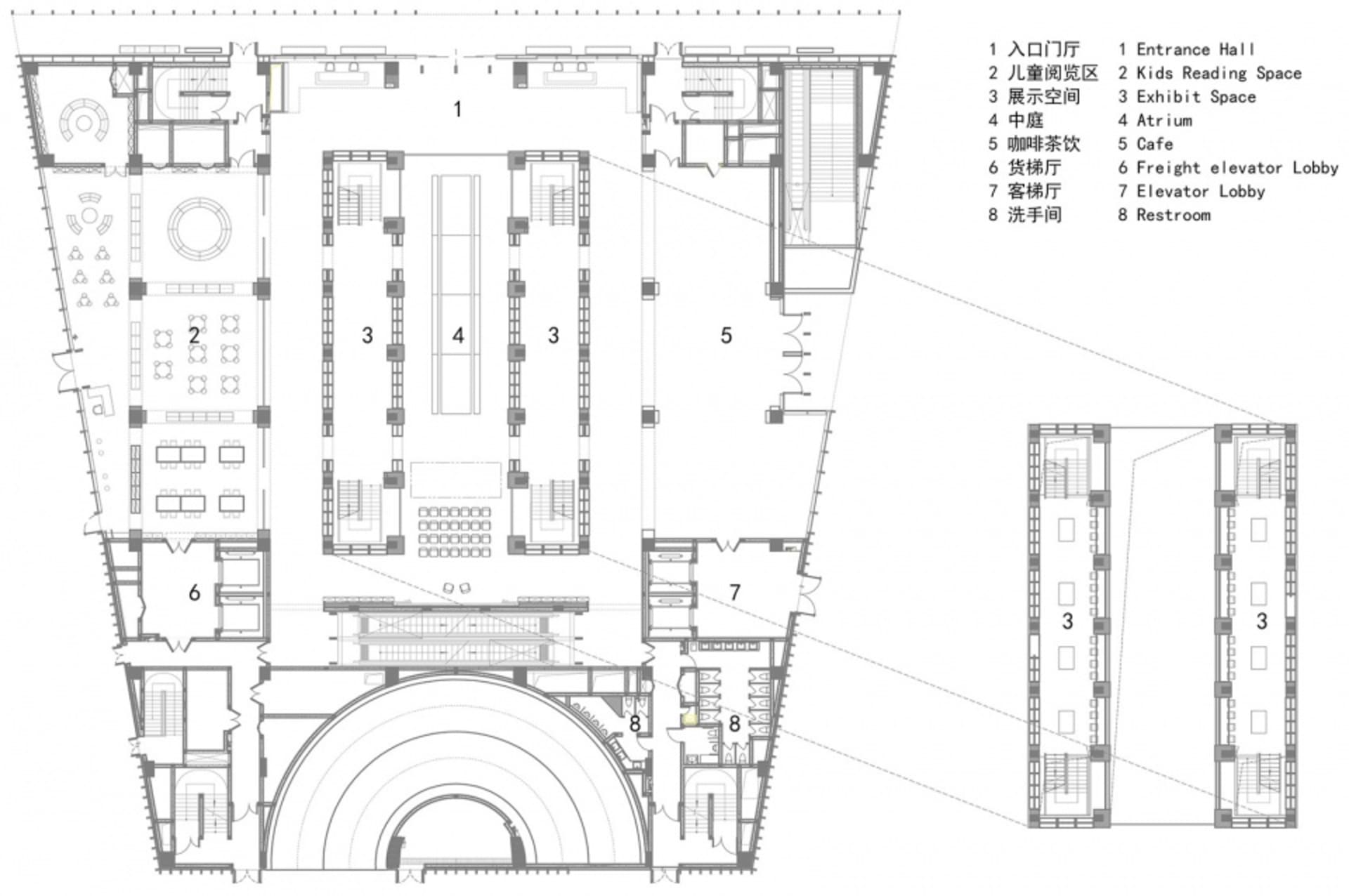 圖書館樓層平面圖,包含兒童閱讀區、展示空間、咖啡廳及貨運電梯大廳等多個區域