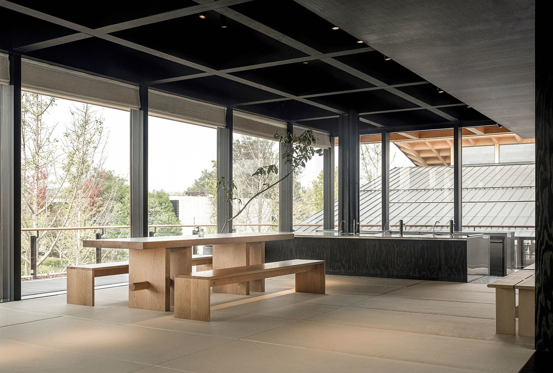 Modern residential kitchen featuring concrete walls and wooden benches.