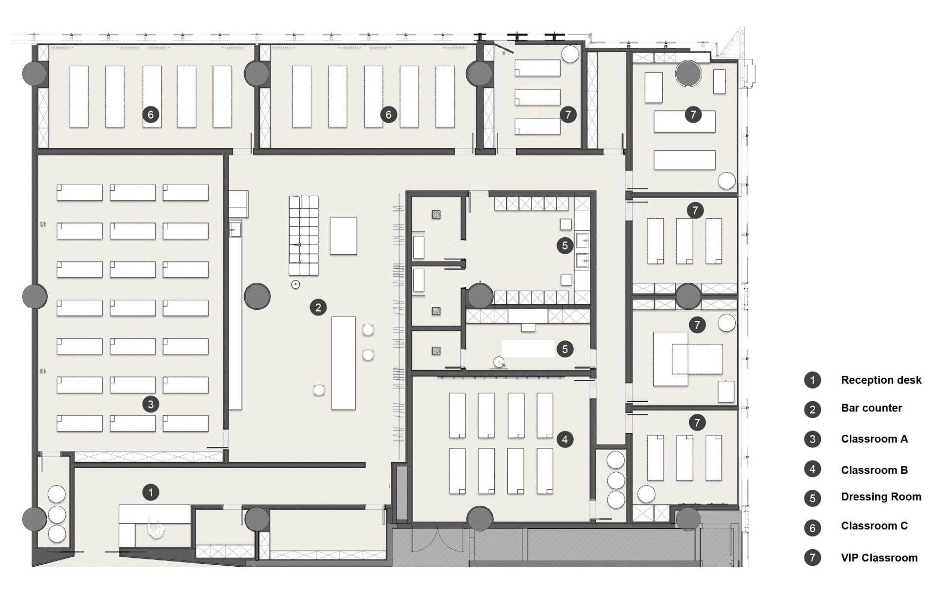Floor plan of an educational institution featuring classrooms, dressing rooms, and a reception desk with concrete and steel c