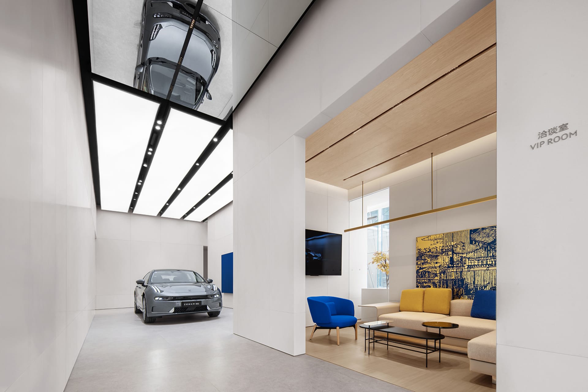 Modern showroom featuring blue accent furniture and floating carpets