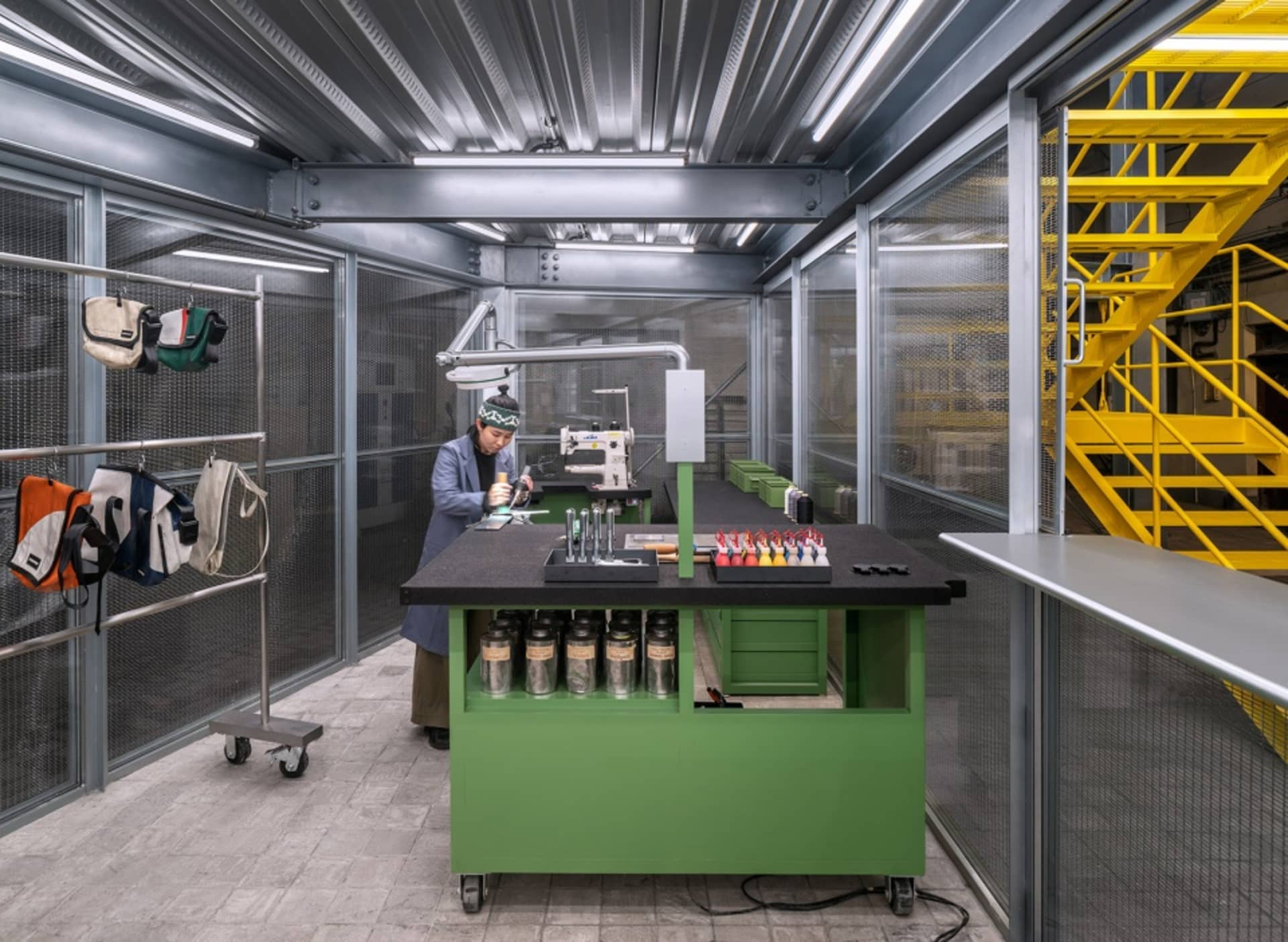 Industrial factory interior with metallic finishes and functional design