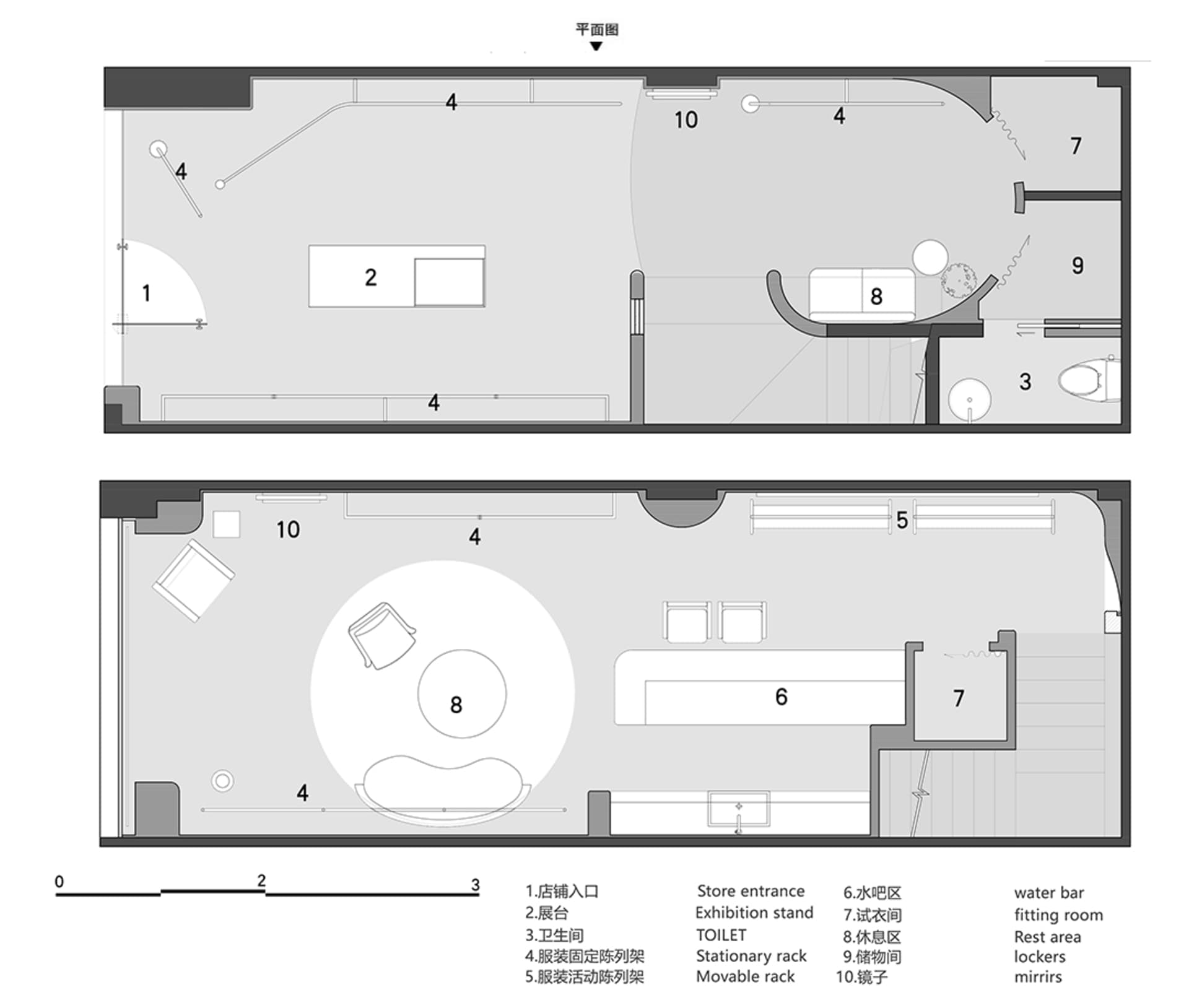 Floor plan of a clothing shop with various functional zones and layout details.