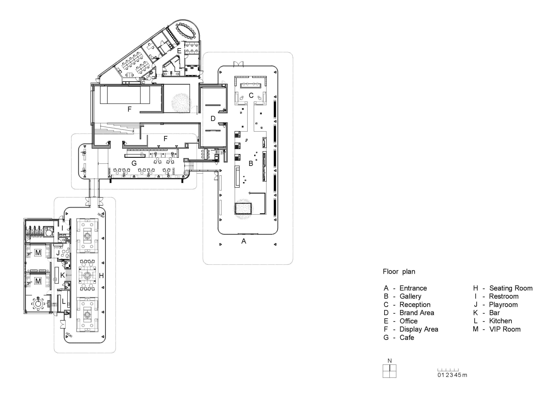 黑白建築圖,展示商業室內空間,標示各個房間與區域。