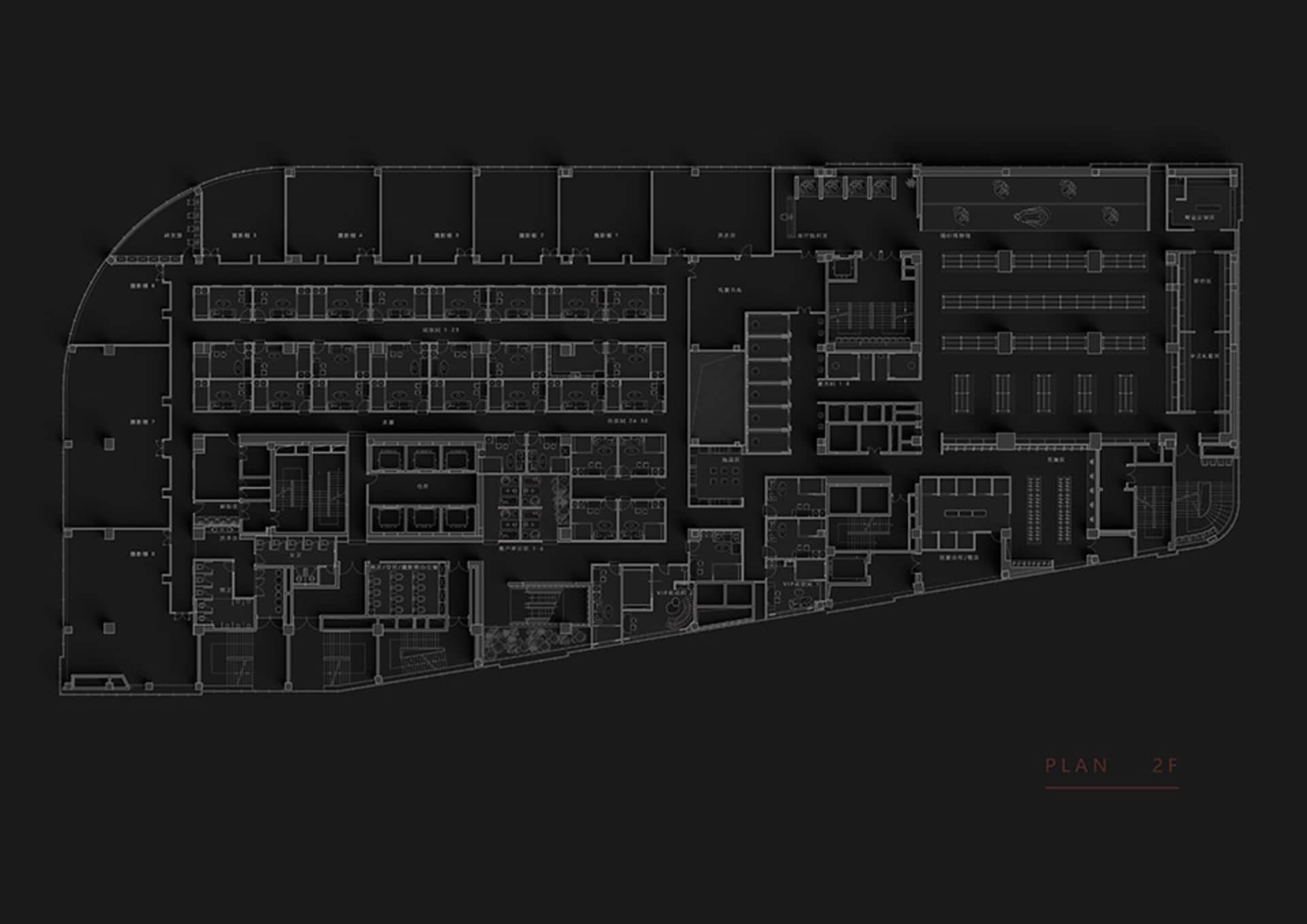 Digitally generated building floor plan layout with various rooms and spaces