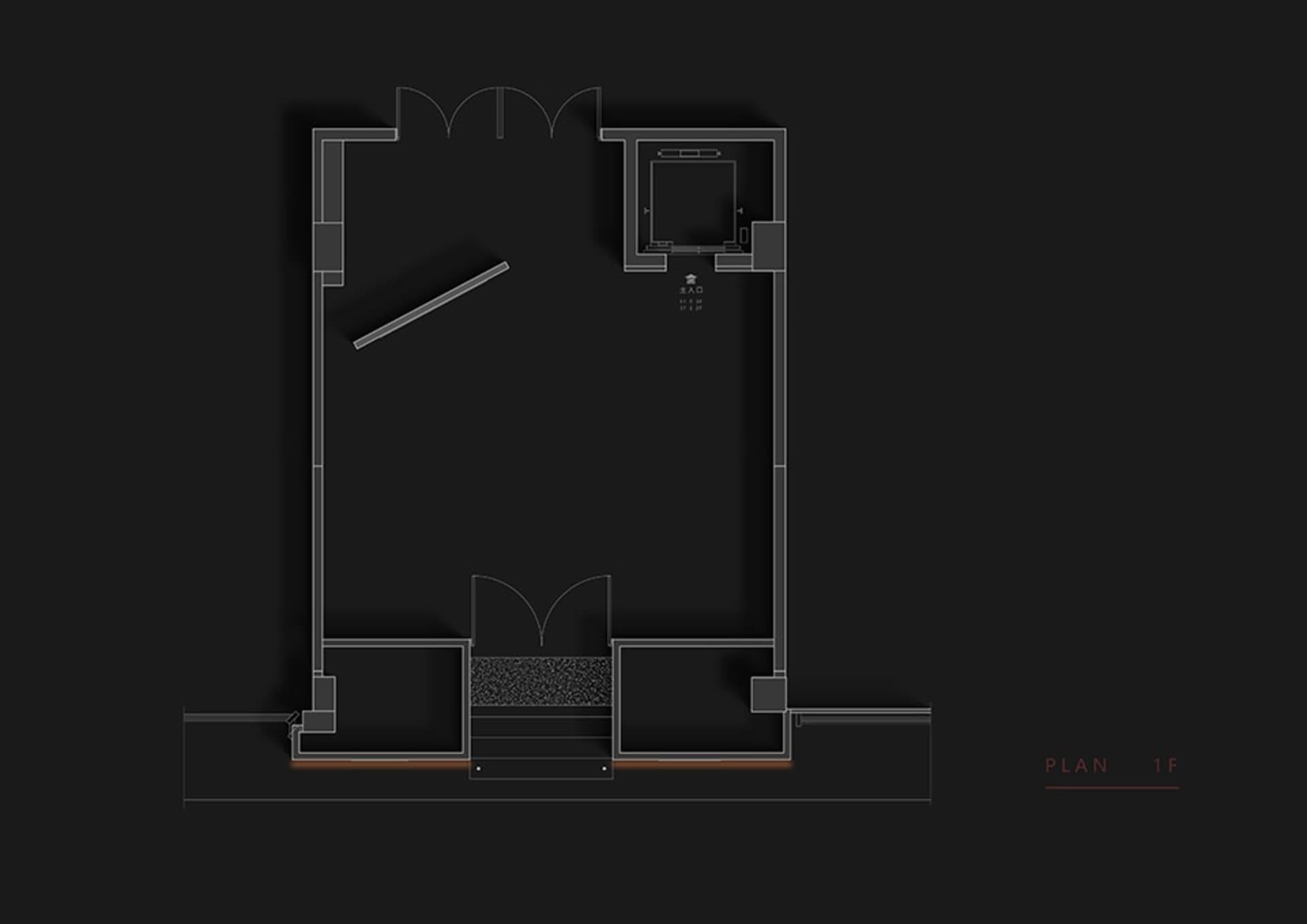 2D architectural drawing of a modern floor plan with black background