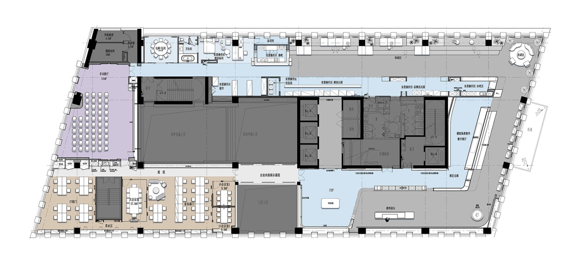 A detailed 2D architectural drawing of a modern office space with various rooms and functional zones.