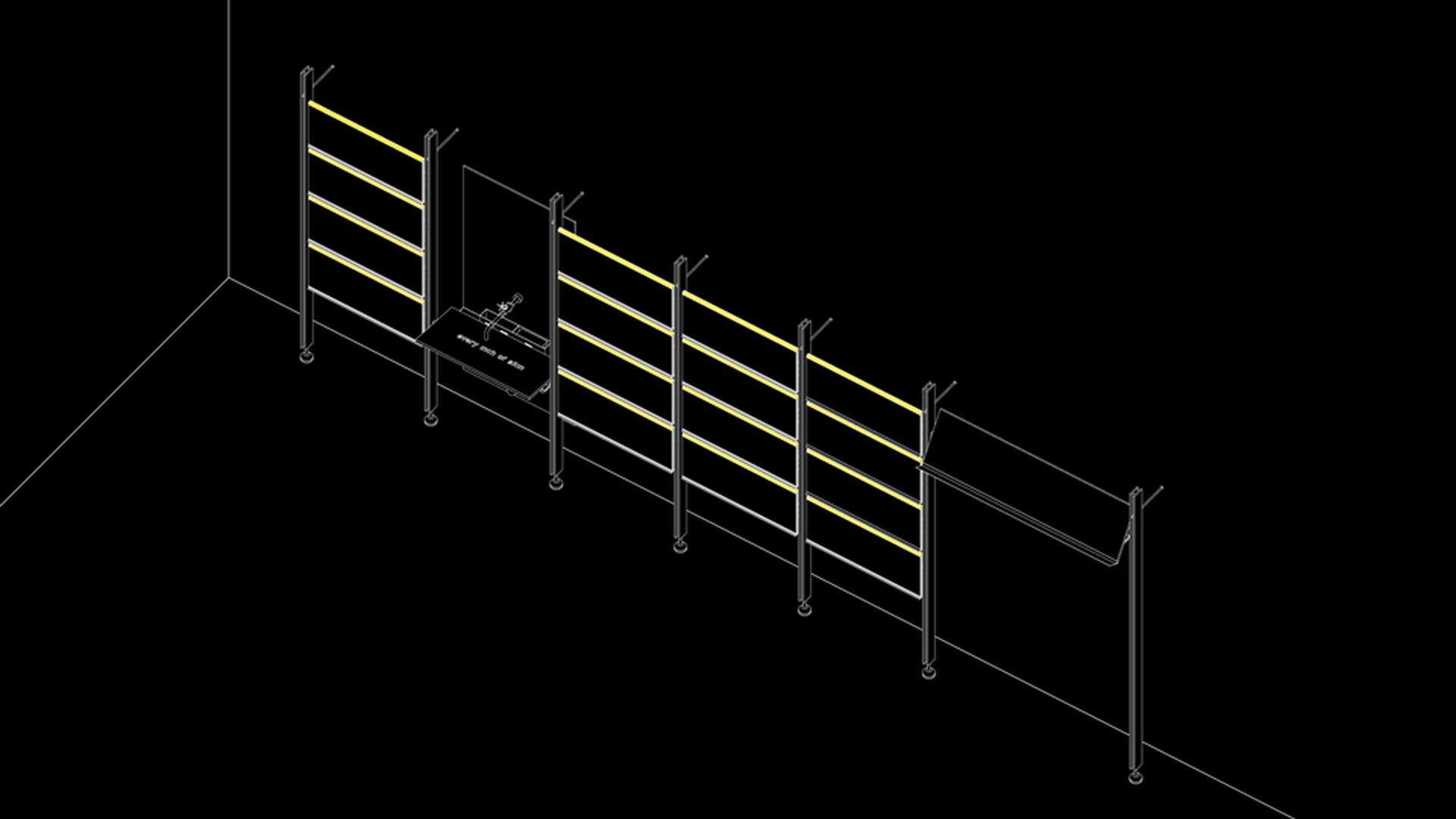 A metal grid storage system with yellow accents and a sign.