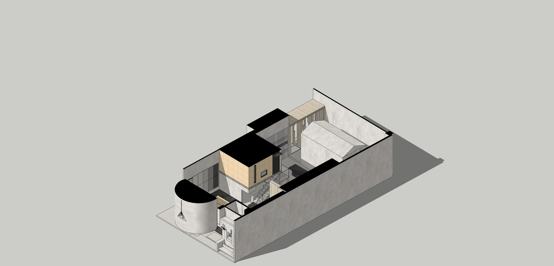 現代室內設計的3D透視圖,呈現混凝土結構與空間交匯處。