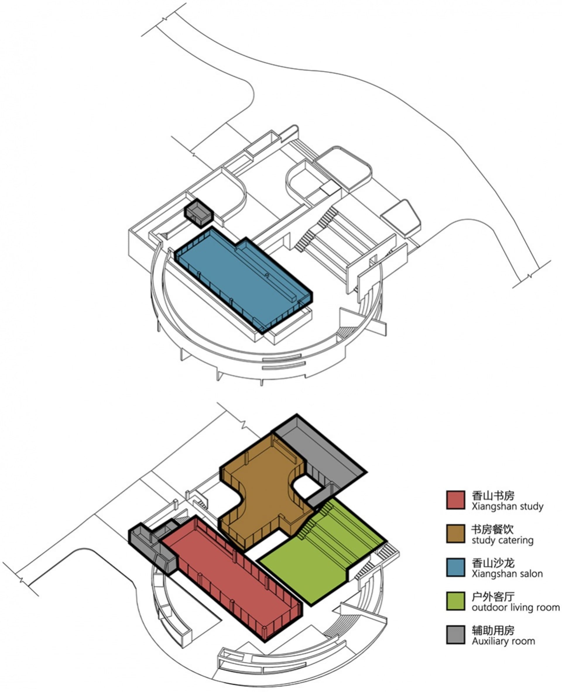 一座塔樓結構的詳細建築平面圖,標示出各個房間與空間。