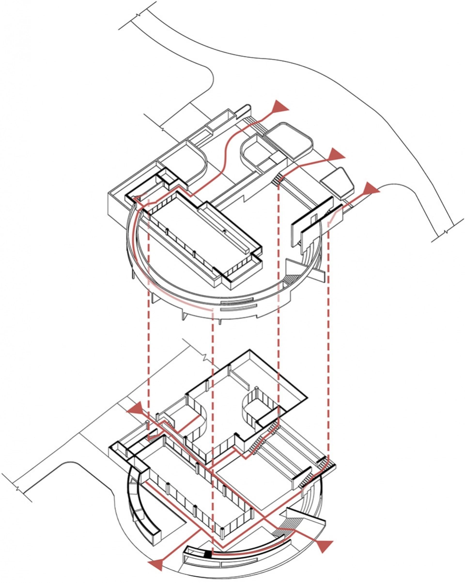A technical architectural rendering depicting a 3D floor plan of a building with various structural components and pathways.