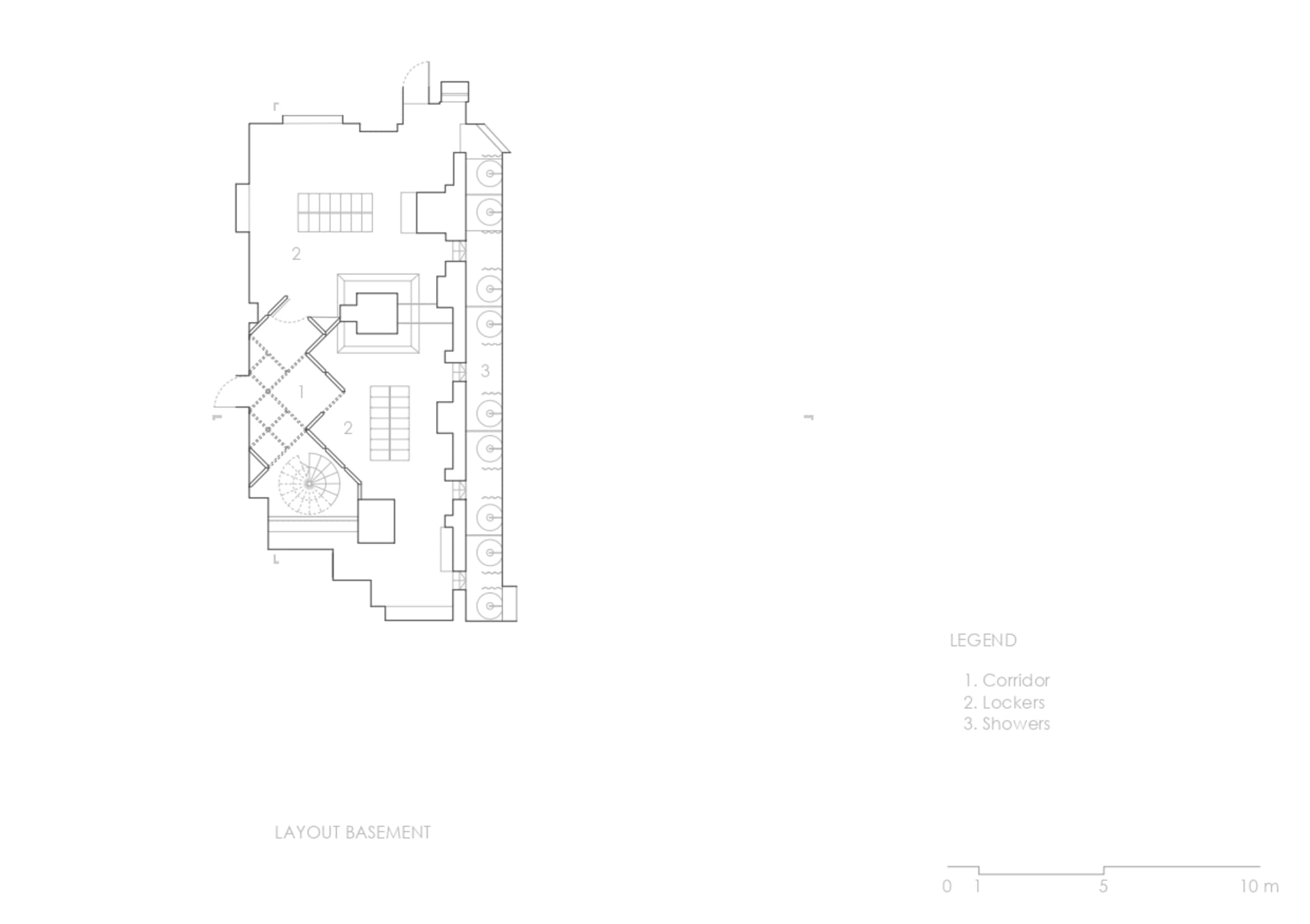 一張詳細的2D建築平面圖，展示地下室配置，包含走廊、置物櫃與淋浴間。