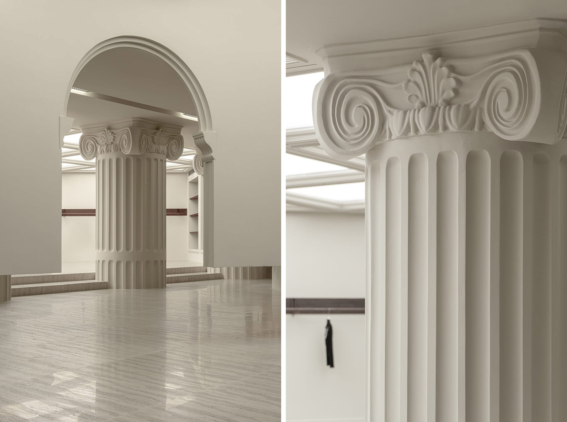 Modern interior design featuring white marble columns with intricate carvings against a minimalist backdrop.