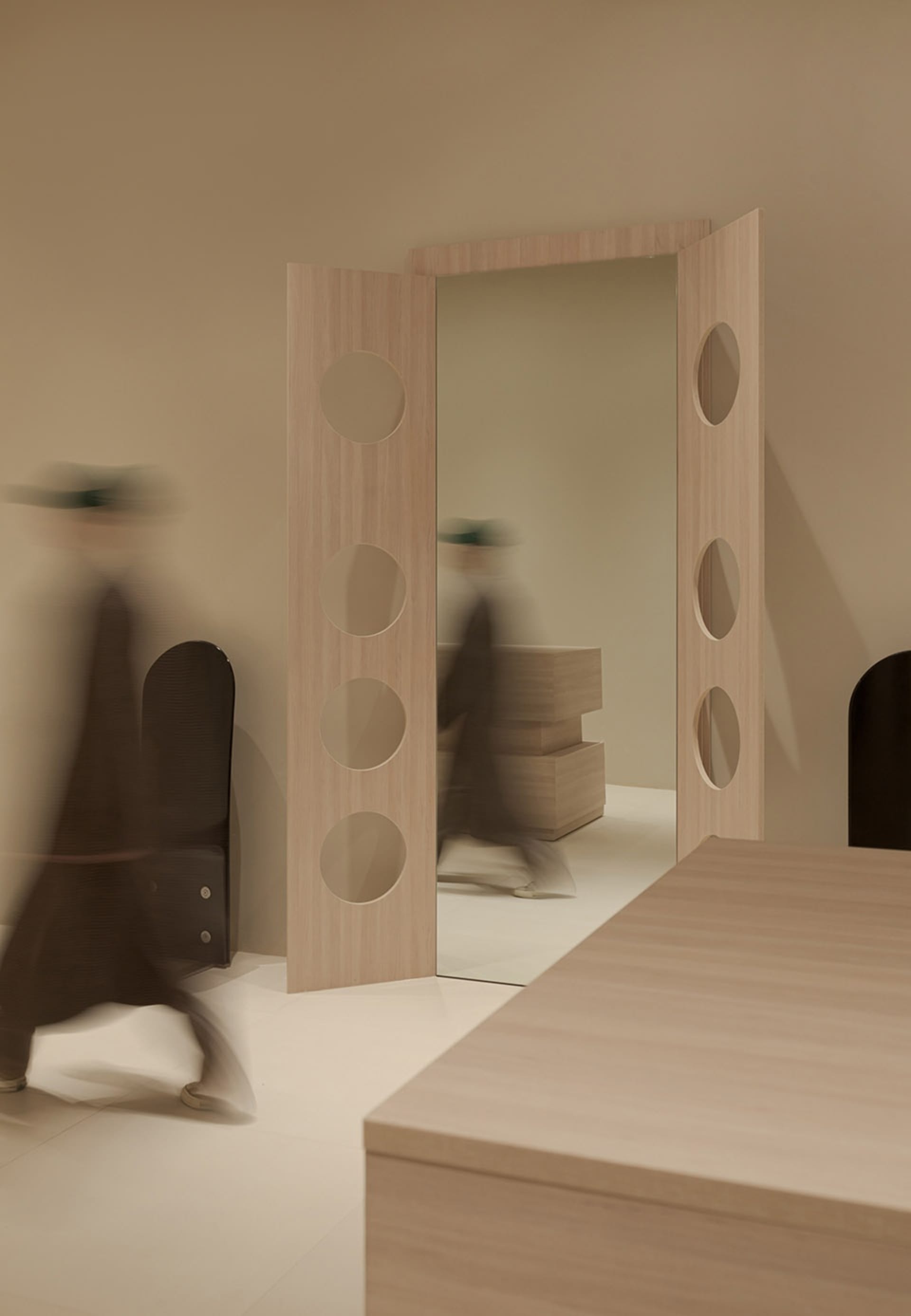 Modern minimalist office space with wood accents.