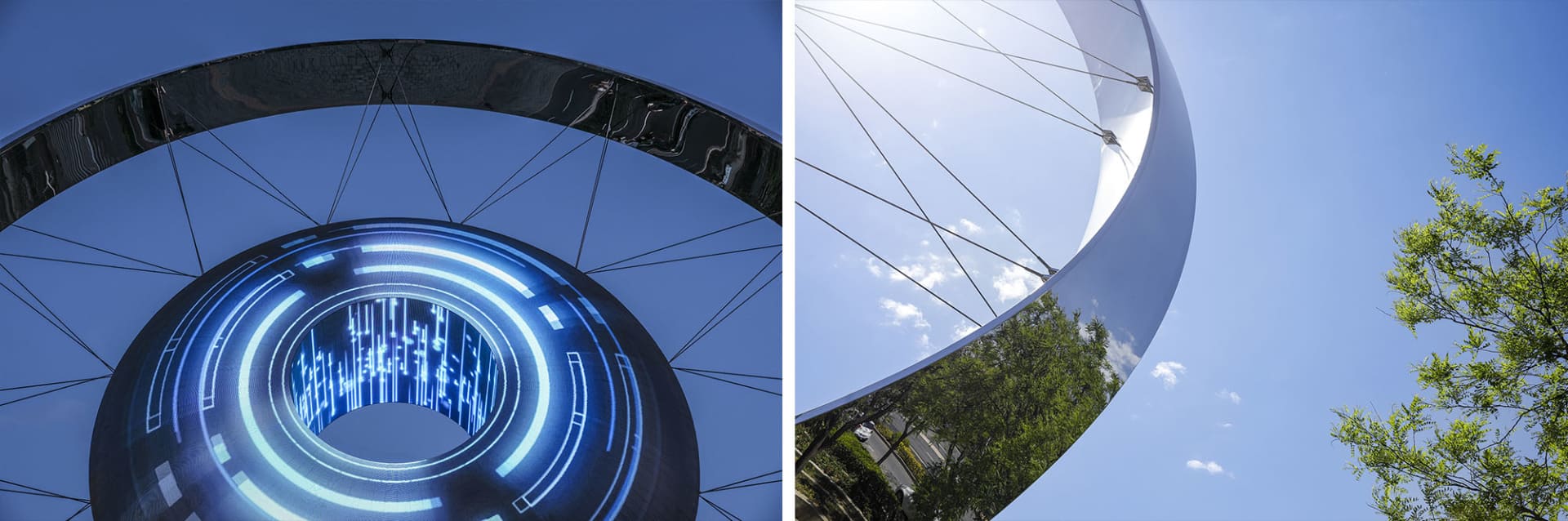 A metallic structure with digital blue light display.