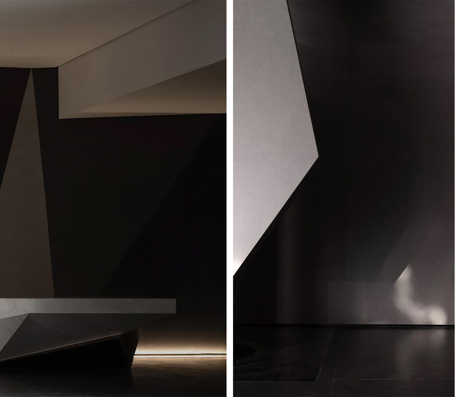 A minimalist interior design with concrete materials and geometric shapes.