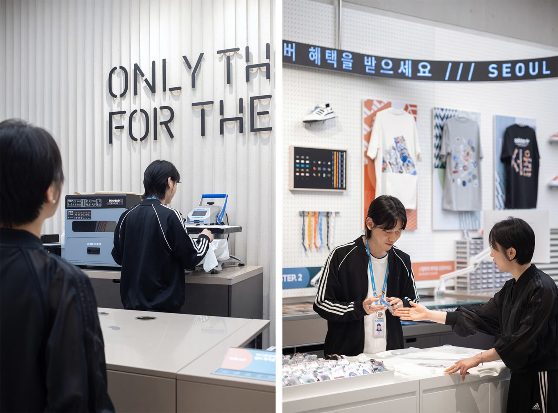 Retail space for custom t-shirt printing with a variety of shirts and printing equipment on display.