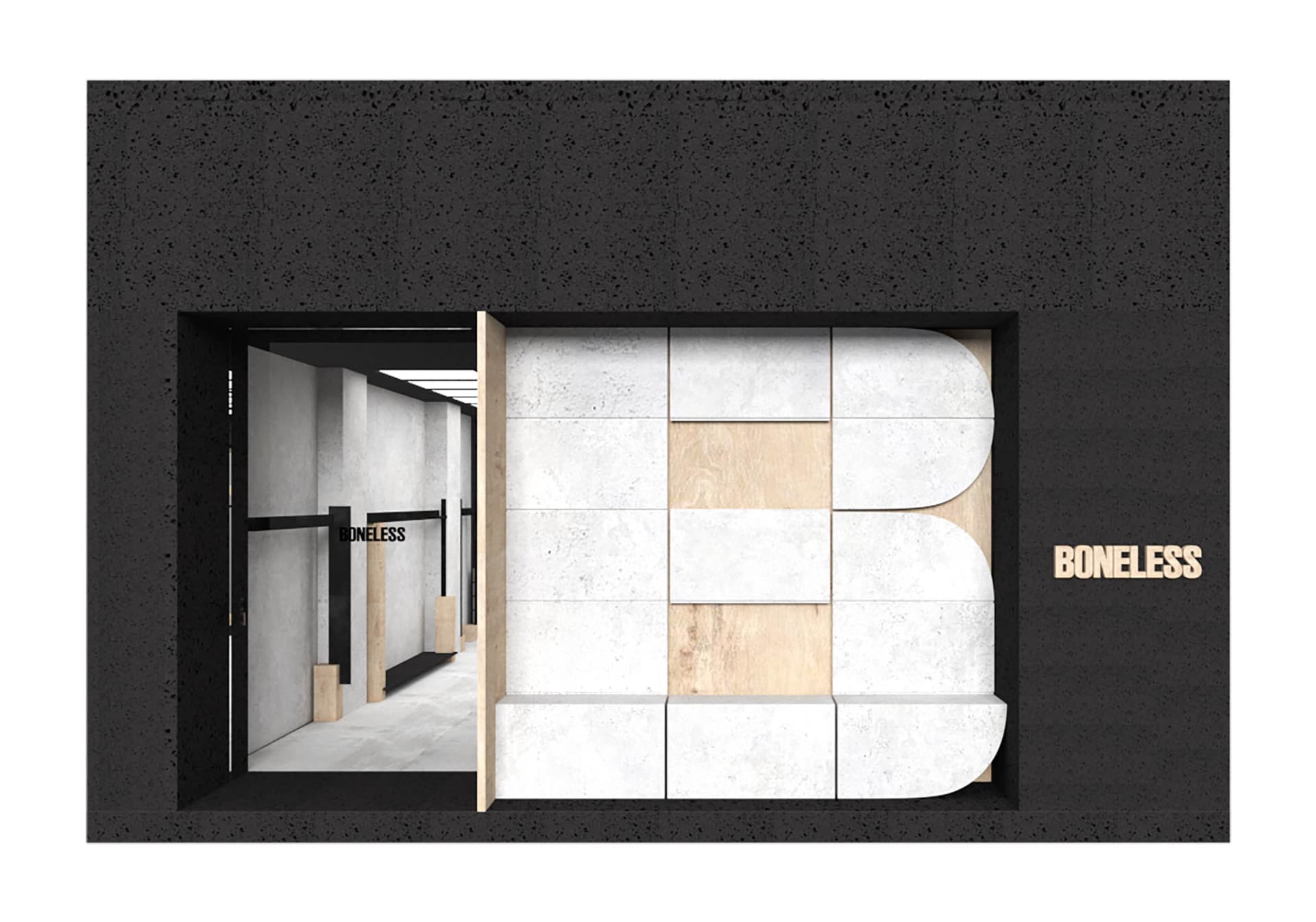 A minimalist retail storefront with a concrete facade, featuring the word 'BONELESS' in wooden letters.