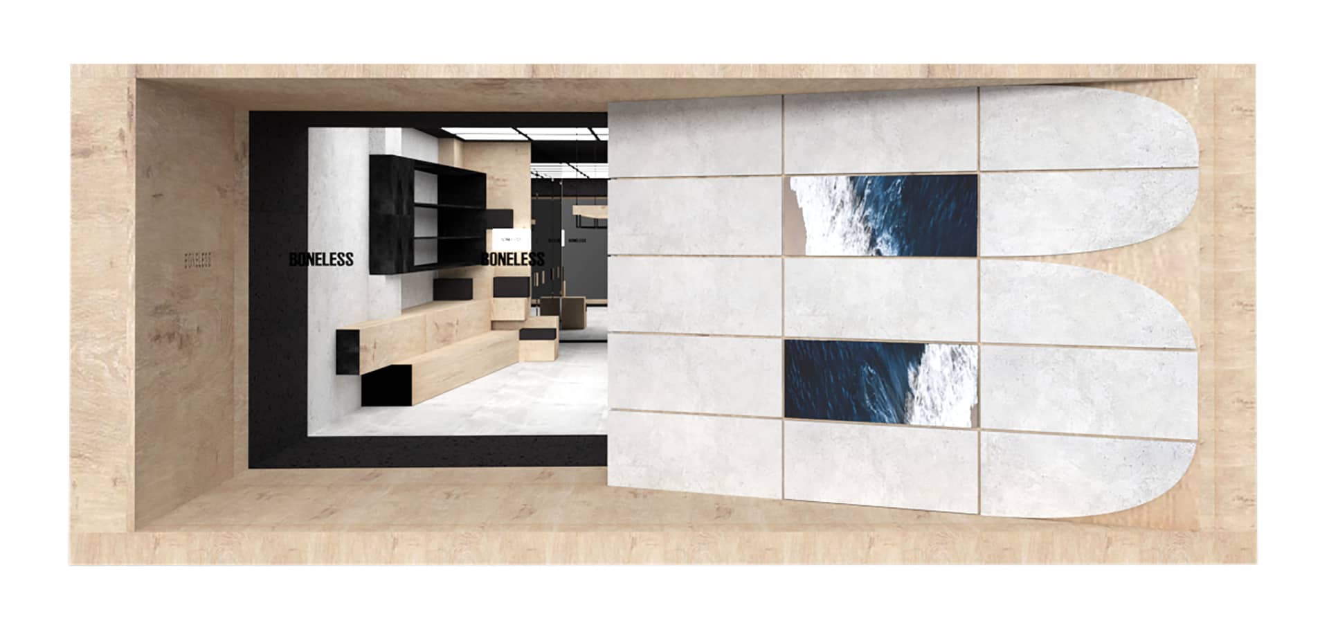 A modern retail storefront featuring industrial design elements with concrete finishes.