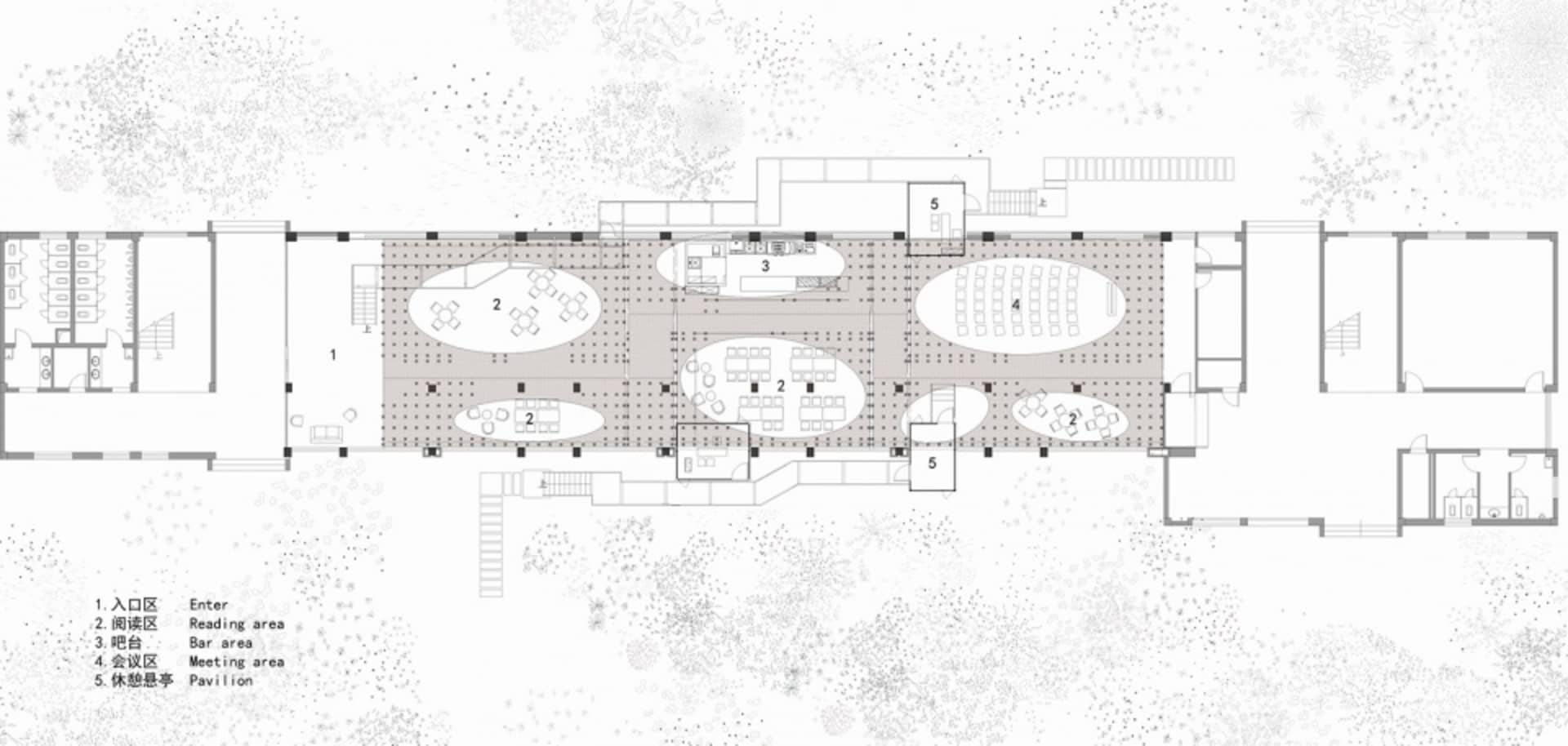 A detailed architectural blueprint of an office space, showing various functional zones such as meeting areas, lounge, and re