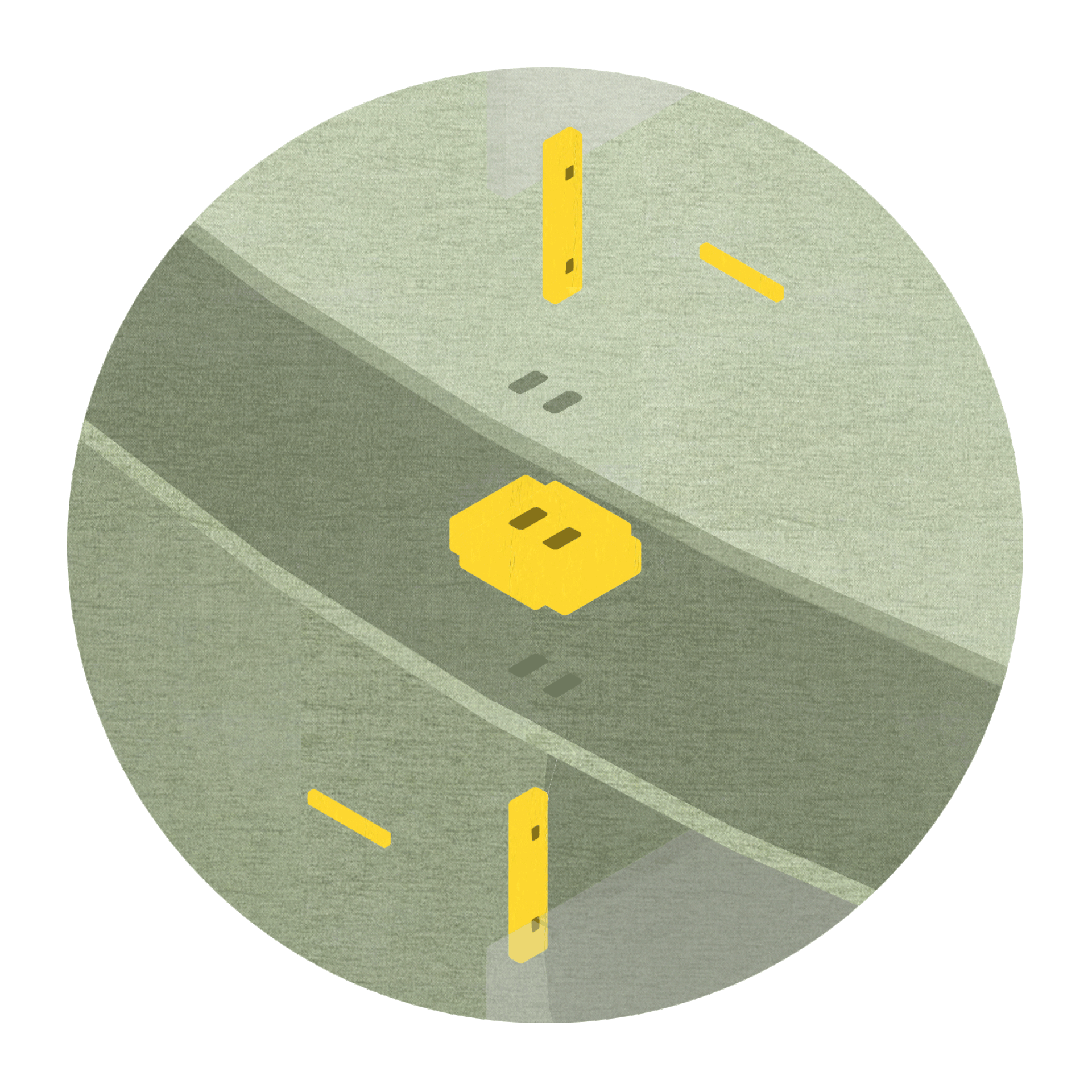 An abstract illustration of a roadway with geometric shapes and lines.