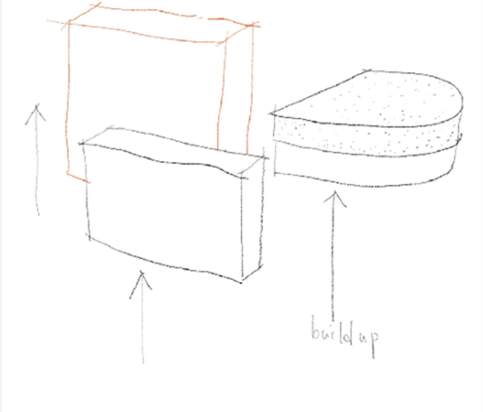 Box-shaped furniture design sketch with measurements.