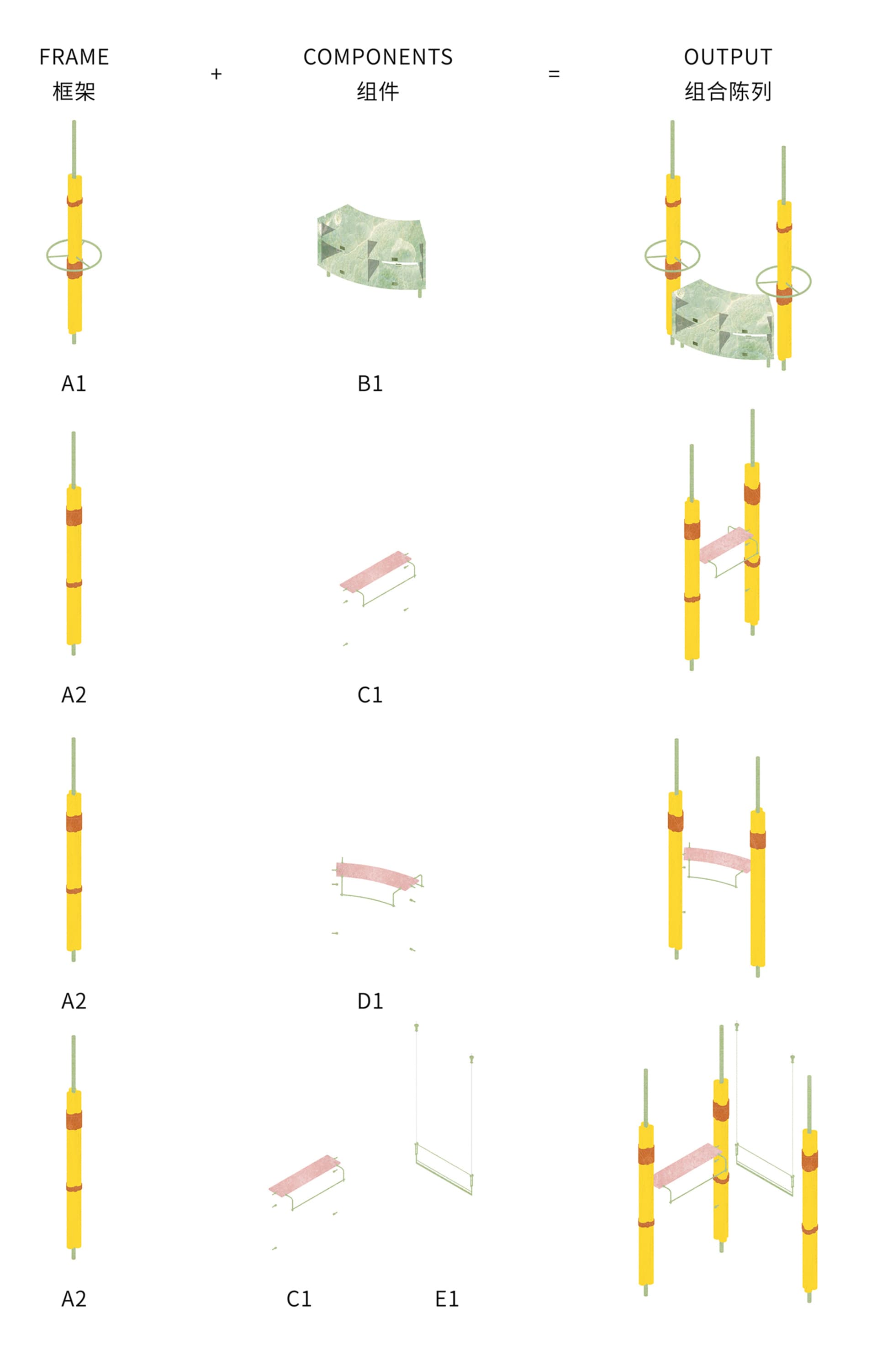 Composite material components and a green framework rendered together, showcasing the integration of materials in architectur
