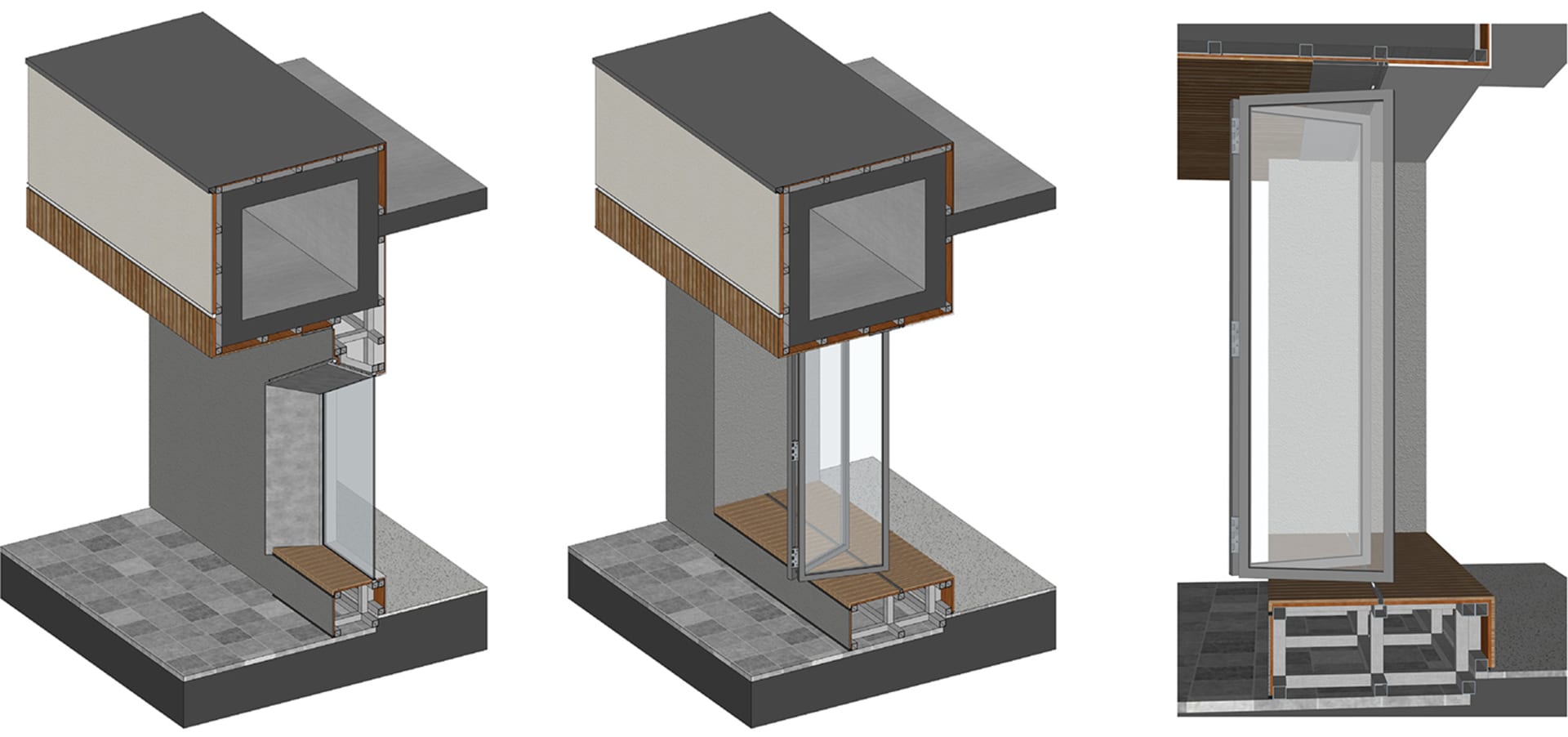 A metal interior design featuring a glass door.