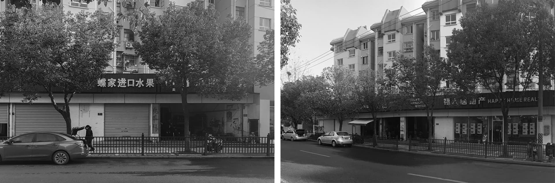 城市街景,混凝土道路兩側有樹木與建築物。