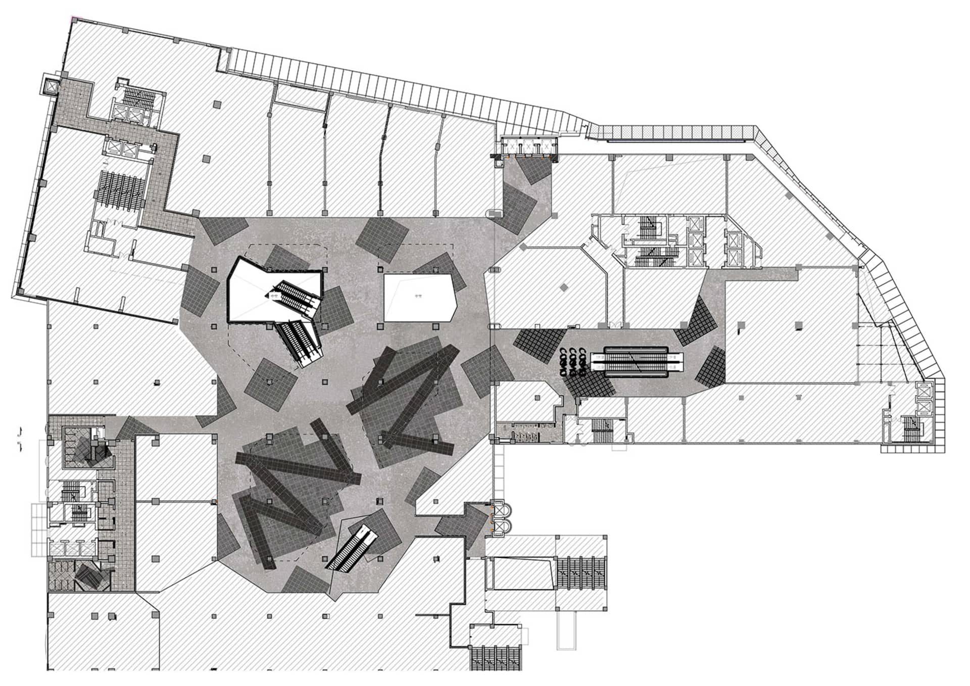 一張黑白建築圖，描繪現代辦公空間，展現裸露的混凝土地板。