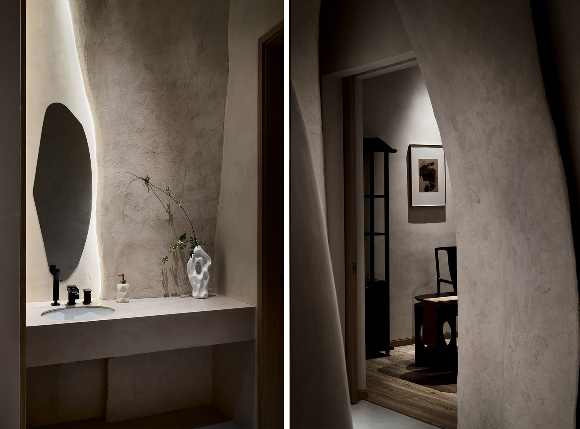 A modern bathroom with a concrete sink and mirror, featuring minimalist design elements and a sleek, contemporary aesthetic.